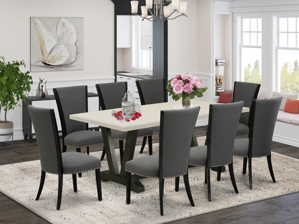 V627VE650-9 Juego de comedor de 9 piezas: mesa rectangular de 40 x 72 y 8 sillas Parson, color negro cepillado y blanco lino.
