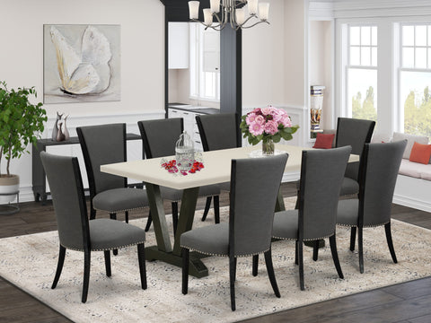 V627VE650-9 9Pc Dining Room Set - 40x72" Rectangular Table and 8 Parson Chairs - Wirebrushed Black & Linen White Color