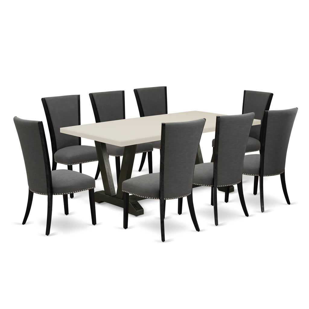 V627VE650-9 Juego de comedor de 9 piezas: mesa rectangular de 40 x 72 y 8 sillas Parson, color negro cepillado y blanco lino.