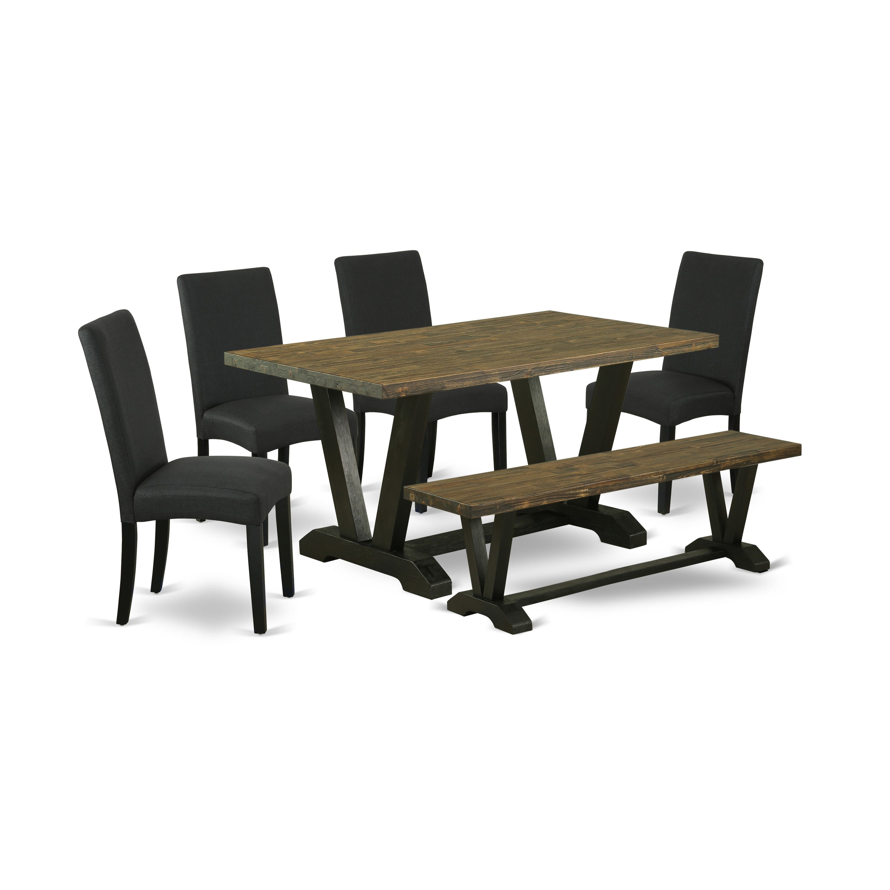 East West Furniture V676DR124-6 6-Piece Dining Table Set- 4 Black Linen Fabric Mid Century Dining Chairs with High Back - A Kitchen Table and 1 Dining Bench (Distressed Jacobean Finish)