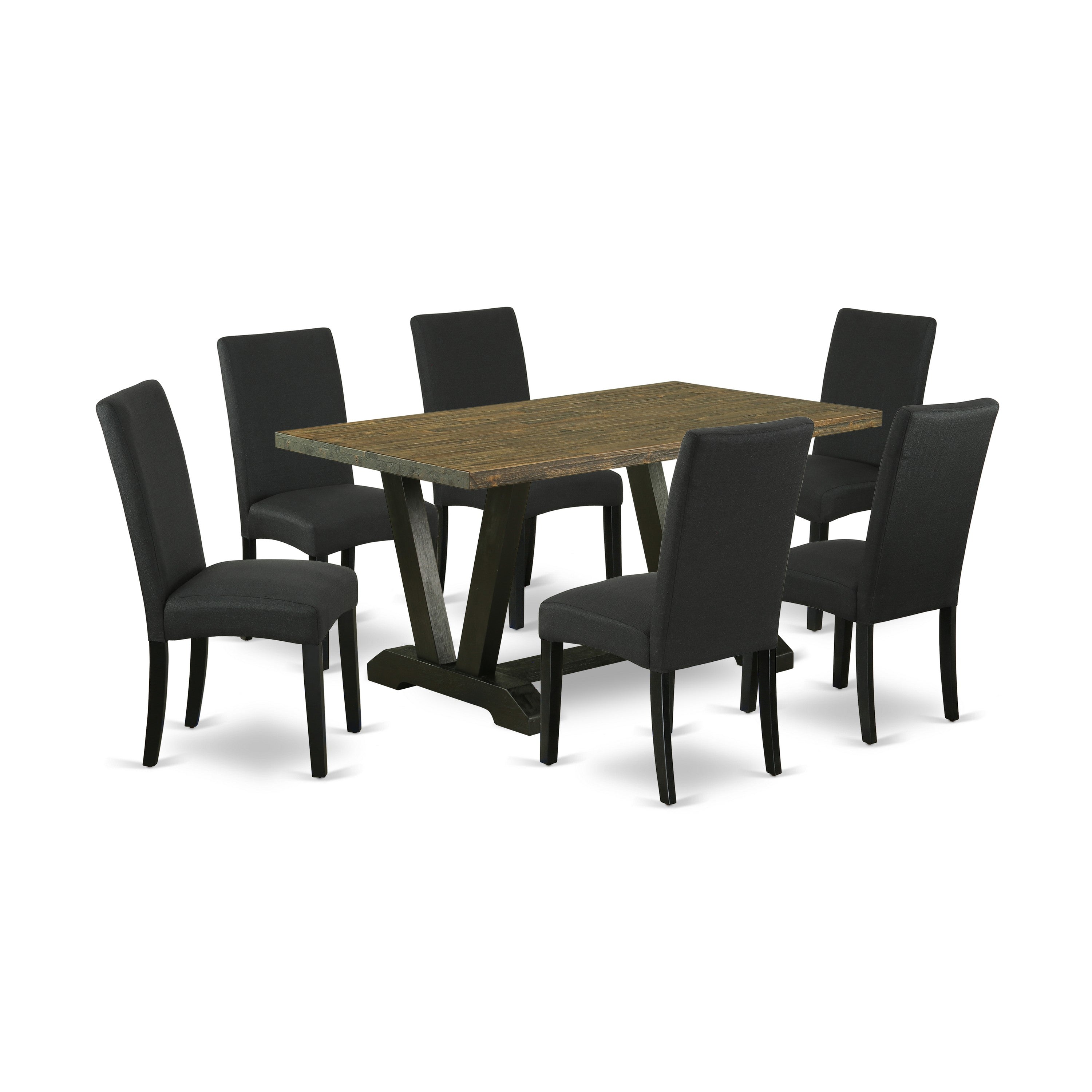 East West Furniture 7-Piece Kitchen Dining Set- 6 Upholstered Dining Chairs with Black Linen Fabric Seat and Stylish Chair Back - Rectangular Table top & Wooden Legs - Distressed Jacobean and Black Finish