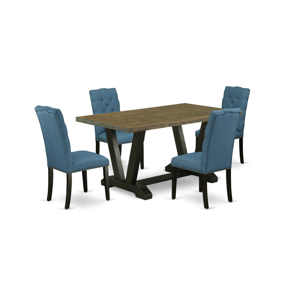 Juego de comedor de 5 piezas East West Furniture V676EL121-5. Incluye una mesa de comedor rectangular con patas en V y 4 sillas Parson tapizadas en tela de lino azul.