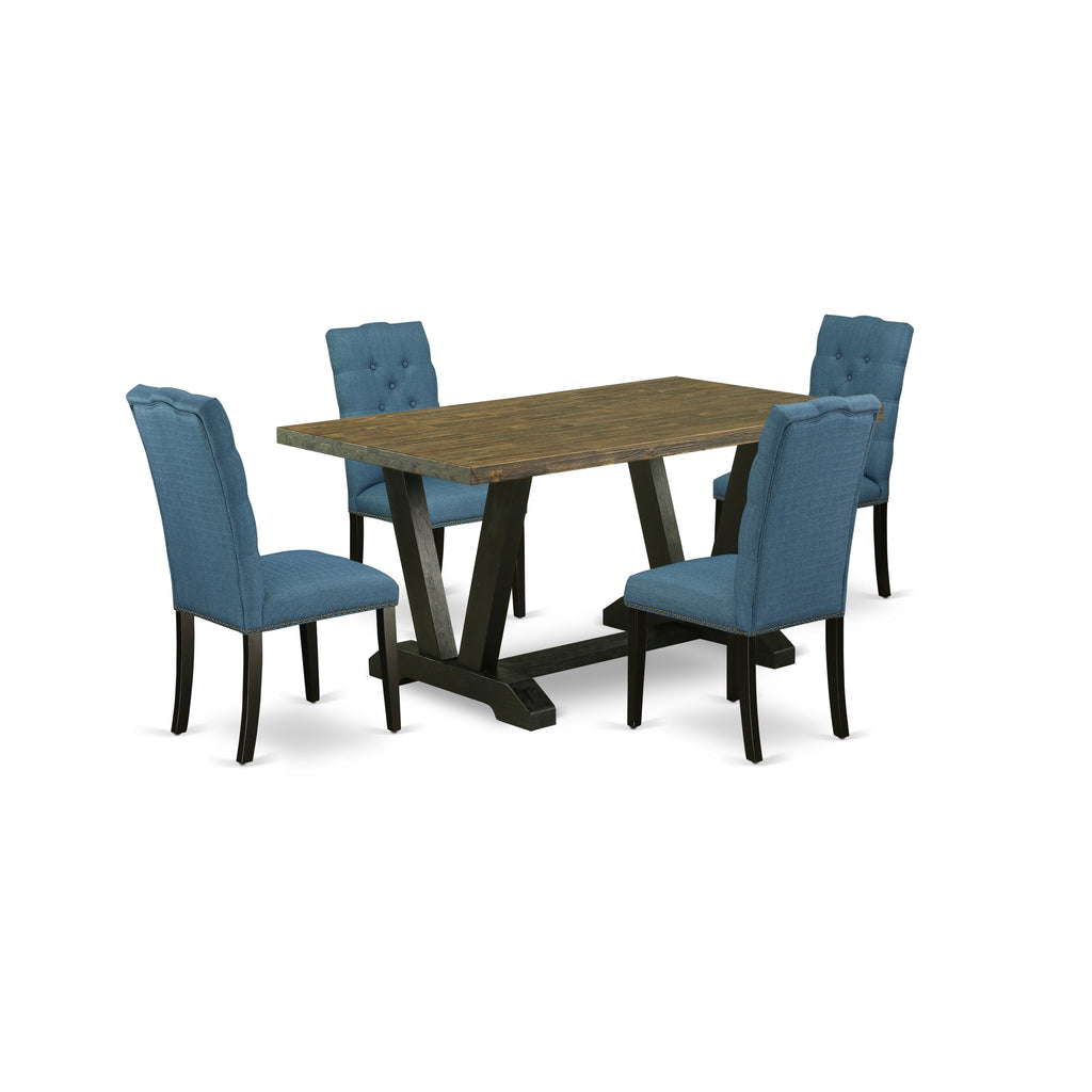 East West Furniture V676EL121-5 5 Piece Dining Set Includes a Rectangle Dining Room Table with V-Legs and 4 Blue Linen Fabric Upholstered Parson Chairs, 36x60 Inch, Multi-Color
