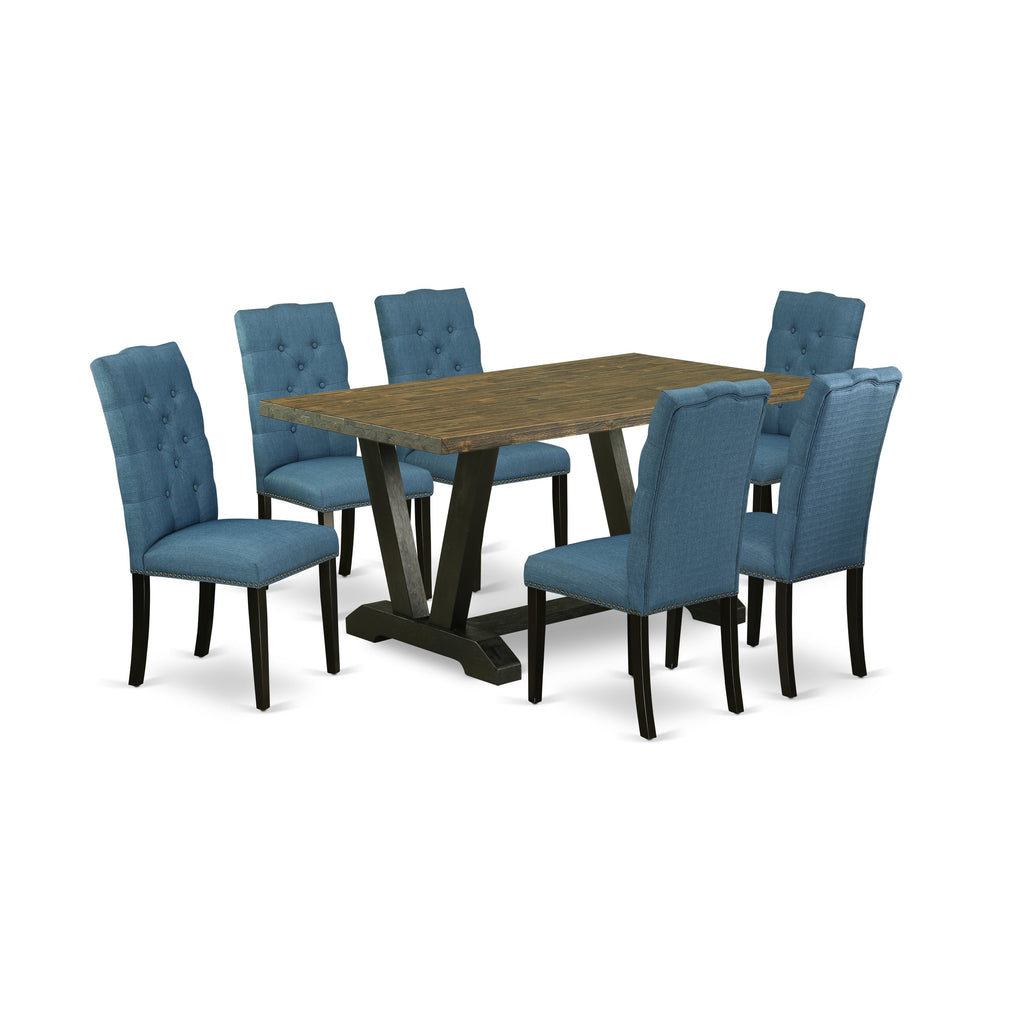 Juego de comedor de 7 piezas East West Furniture V676EL121-7 compuesto por una mesa de comedor rectangular con patas en V y 6 sillas Parsons de tela de lino azul.