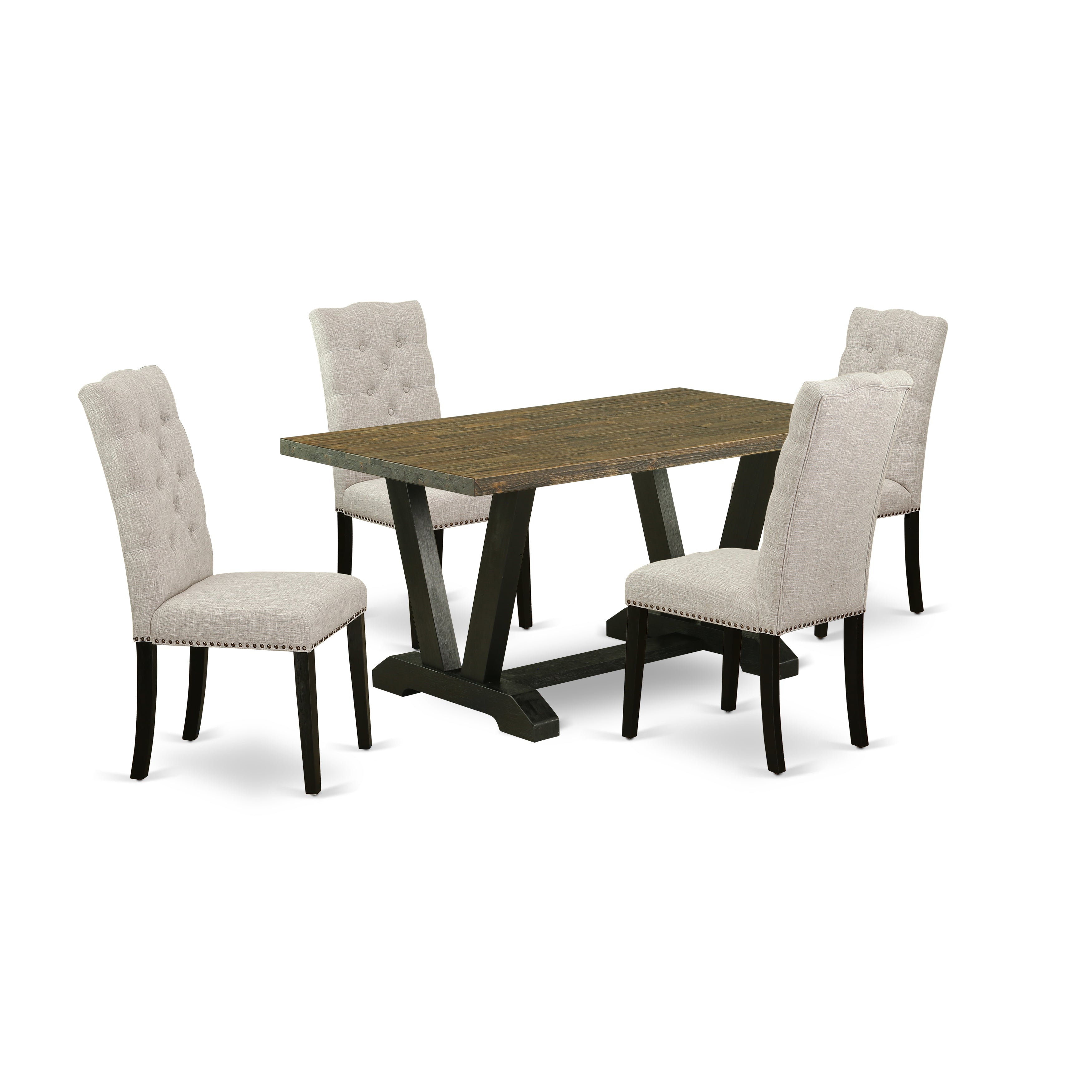 East West Furniture V676EL635-5 5-Piece Kitchen Dinette SetIncluded 4 dining room chairs Upholstered Seat and High Button Tufted Chair Back and Rectangular Mid Century Dining Table with Distressed Jacobean Dinette Table top (Black Finish)