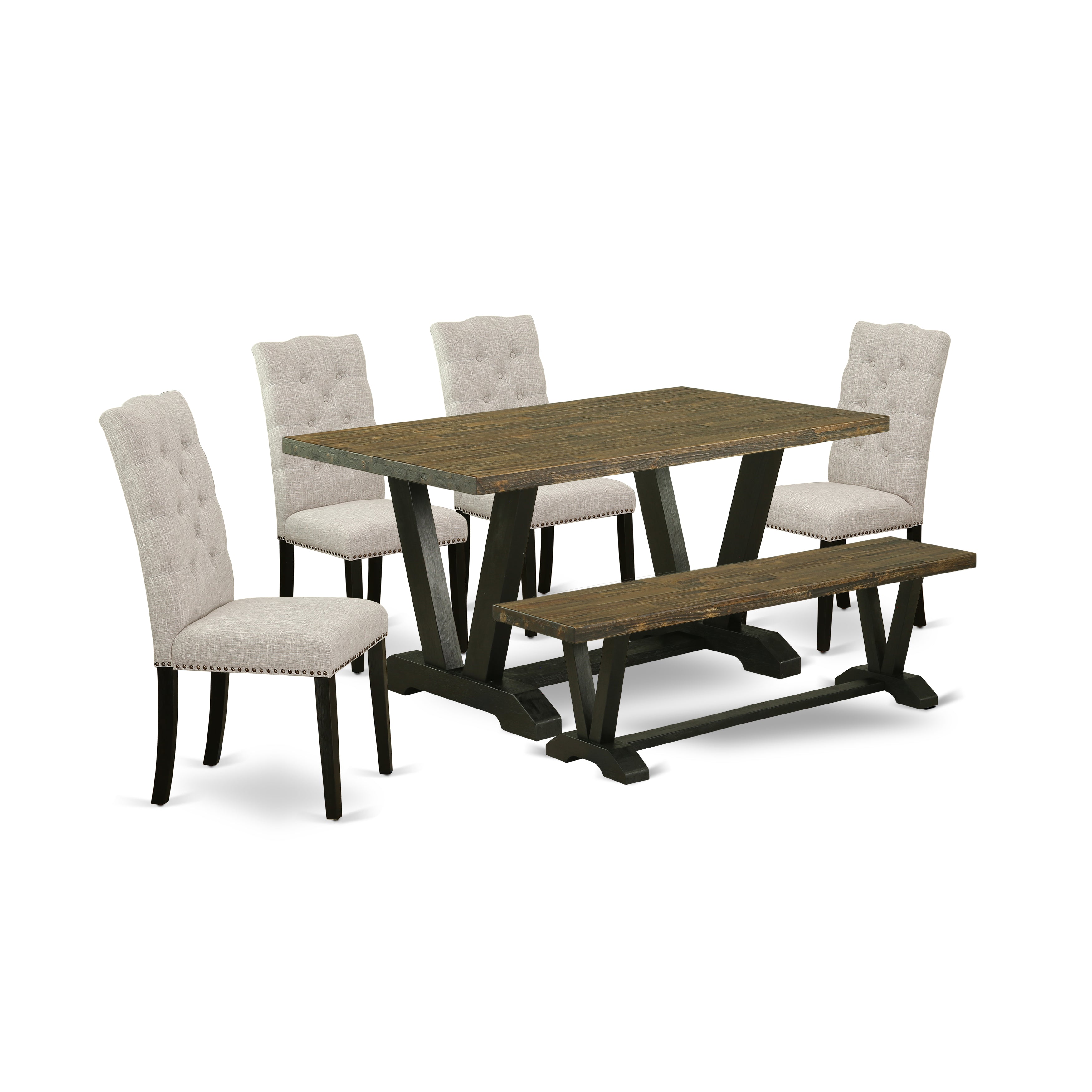 East West Furniture V676EL635-6 6-Pc Dining -Doeskin Linen Fabric Seat and Button Tufted Chair Back Parson chairs, A Rectangular Bench and Rectangular top Modern Dining Table with Solid Wood Legs - Distressed Jacobean and Wire Brushed Black Finish