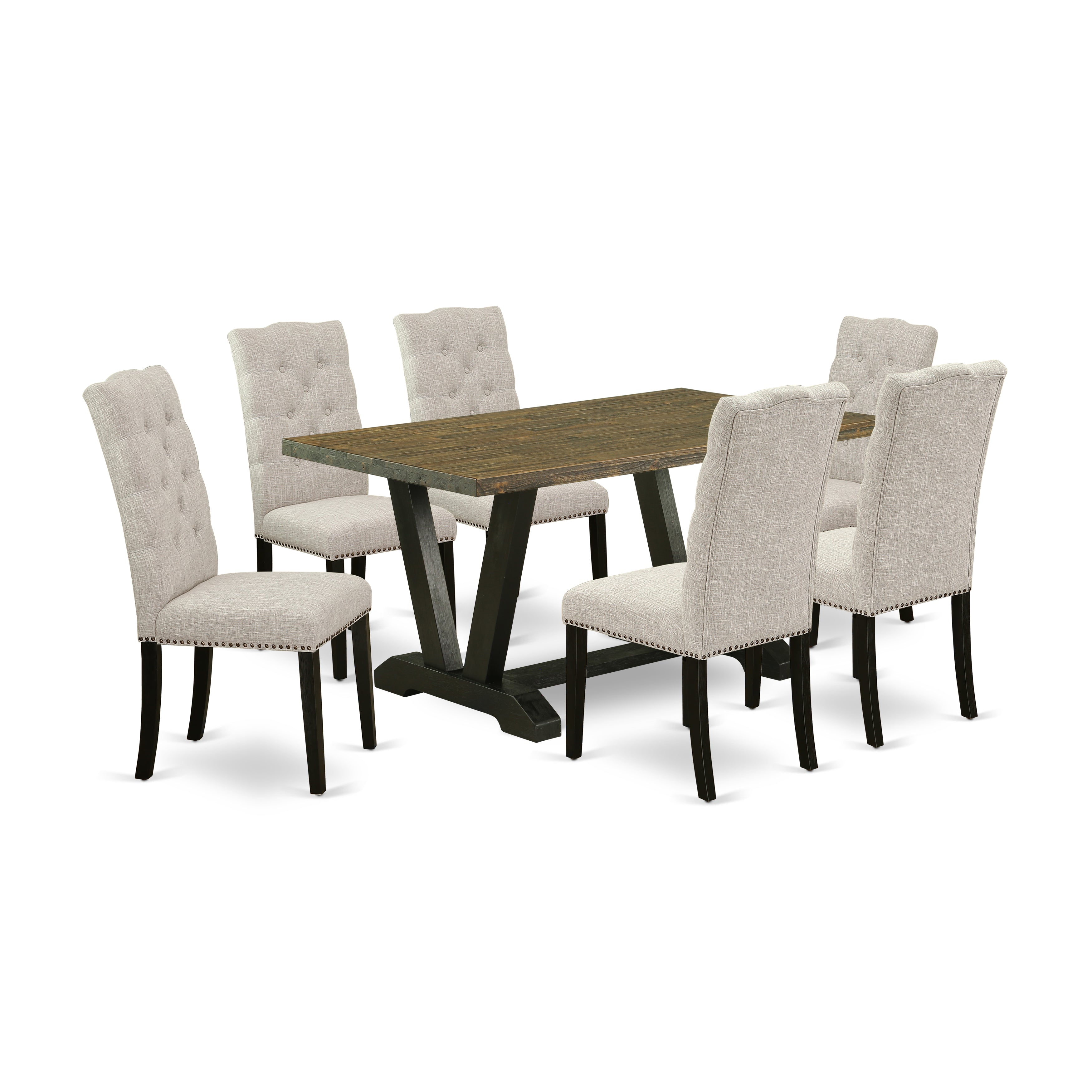 Juego de mesa de comedor de 7 piezas East West Furniture V676EL635-7 compuesto por una mesa de comedor rectangular con patas en V y 6 sillas Parson tapizadas en tela de lino y piel de venado.