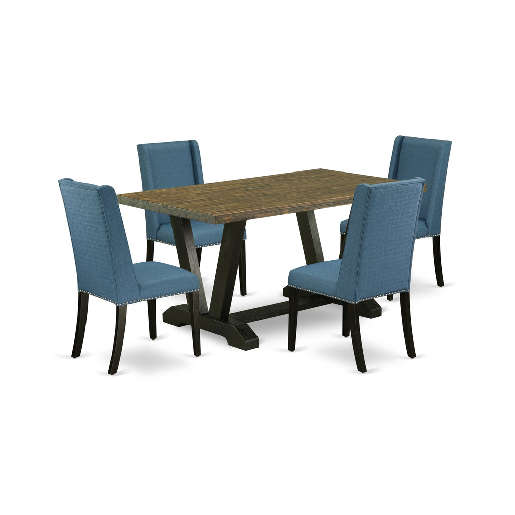 East West Furniture V676FL121-5 5-Piece Dining Set with Dining Table - 4 Linen Fabric Dining Chairs (Wire Brushed Black Finish)