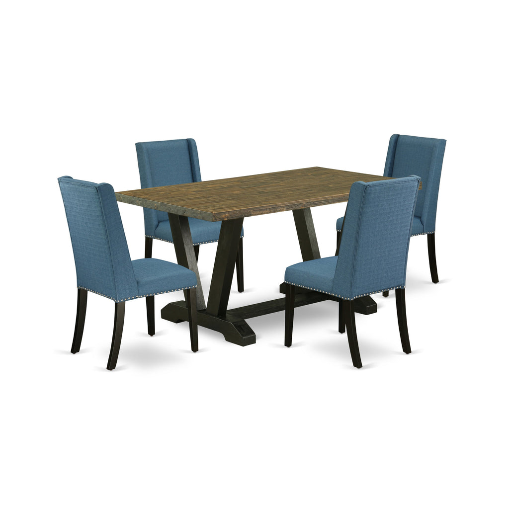 East West Furniture V676FL121-5 5 Piece Dining Table Set for 4 Includes a Rectangle Kitchen Table with V-Legs and 4 Blue Linen Fabric Upholstered Chairs, 36x60 Inch, Multi-Color