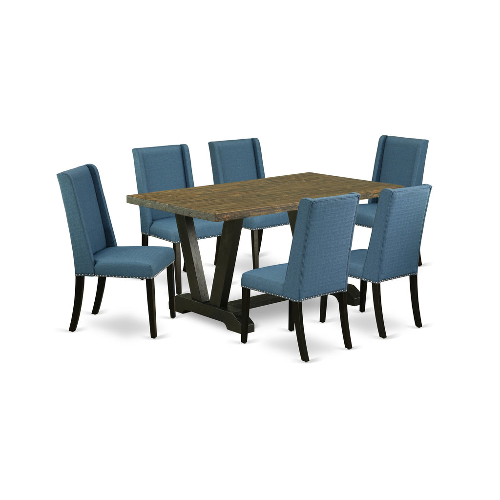 Juego de mesa de comedor de 7 piezas East West Furniture V676FL121-7 compuesto por una mesa de comedor rectangular con patas en V y 6 sillas tapizadas en tela de lino azul.