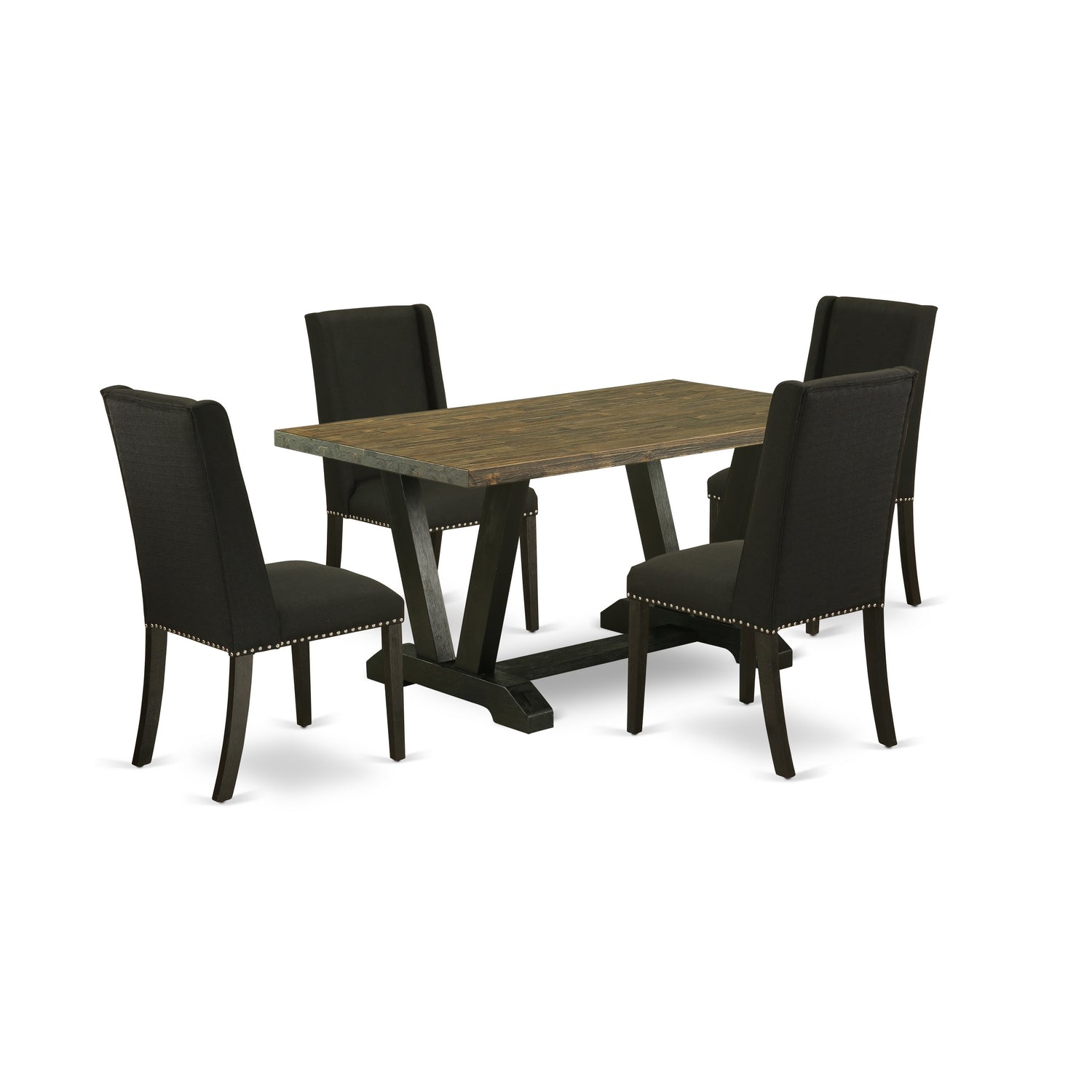 East West Furniture V676FL624-5 5-Piece kitchen table setIncluded 4 kitchen chairs Upholstered Seat and Stylish Chair Back and Rectangular Dining Table with Distressed Jacobean rectangular Dining Table top (Black Finish)