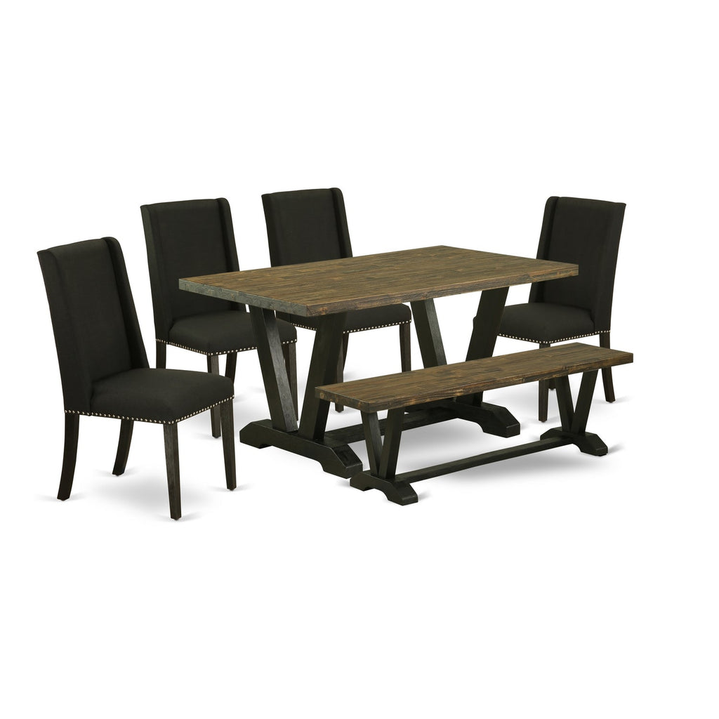 Juego de comedor de 6 piezas East West Furniture V676FL624-6 que incluye una mesa de comedor rectangular con patas en V y 4 sillas tapizadas en tela de lino negro con un banco.