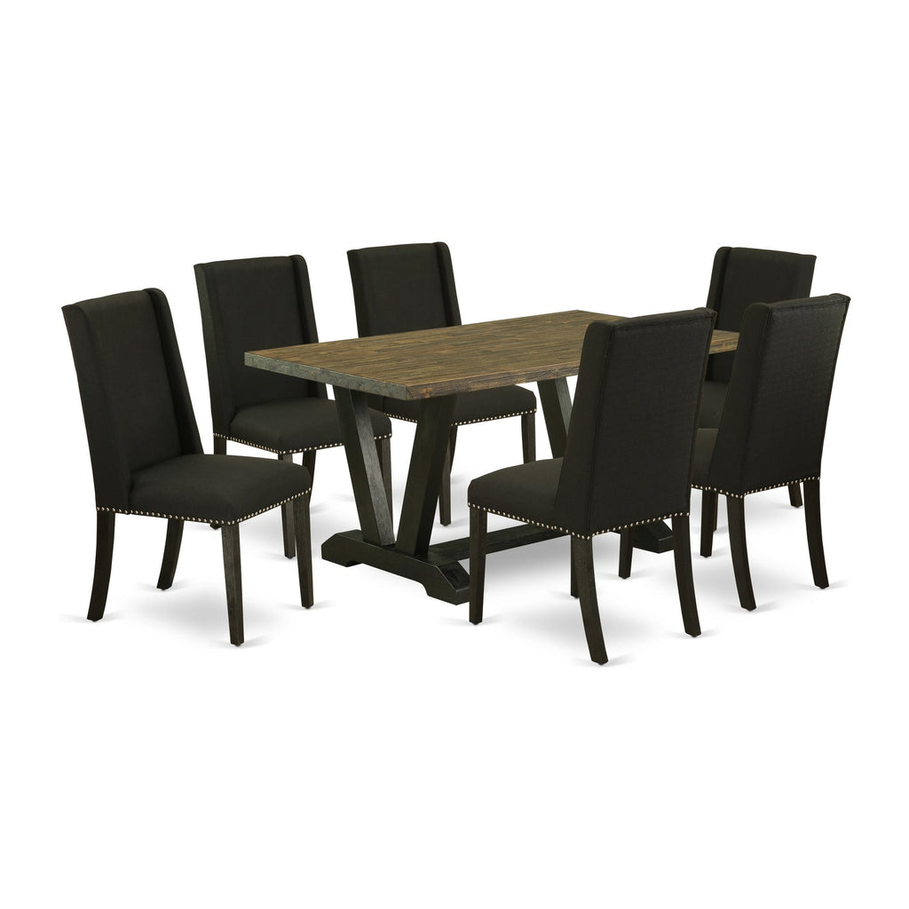 Juego de mesa de cocina de 7 piezas East West Furniture V676FL624-7 compuesto por una mesa de comedor rectangular con patas en V y 6 sillas de comedor Parson de tela de lino negro.