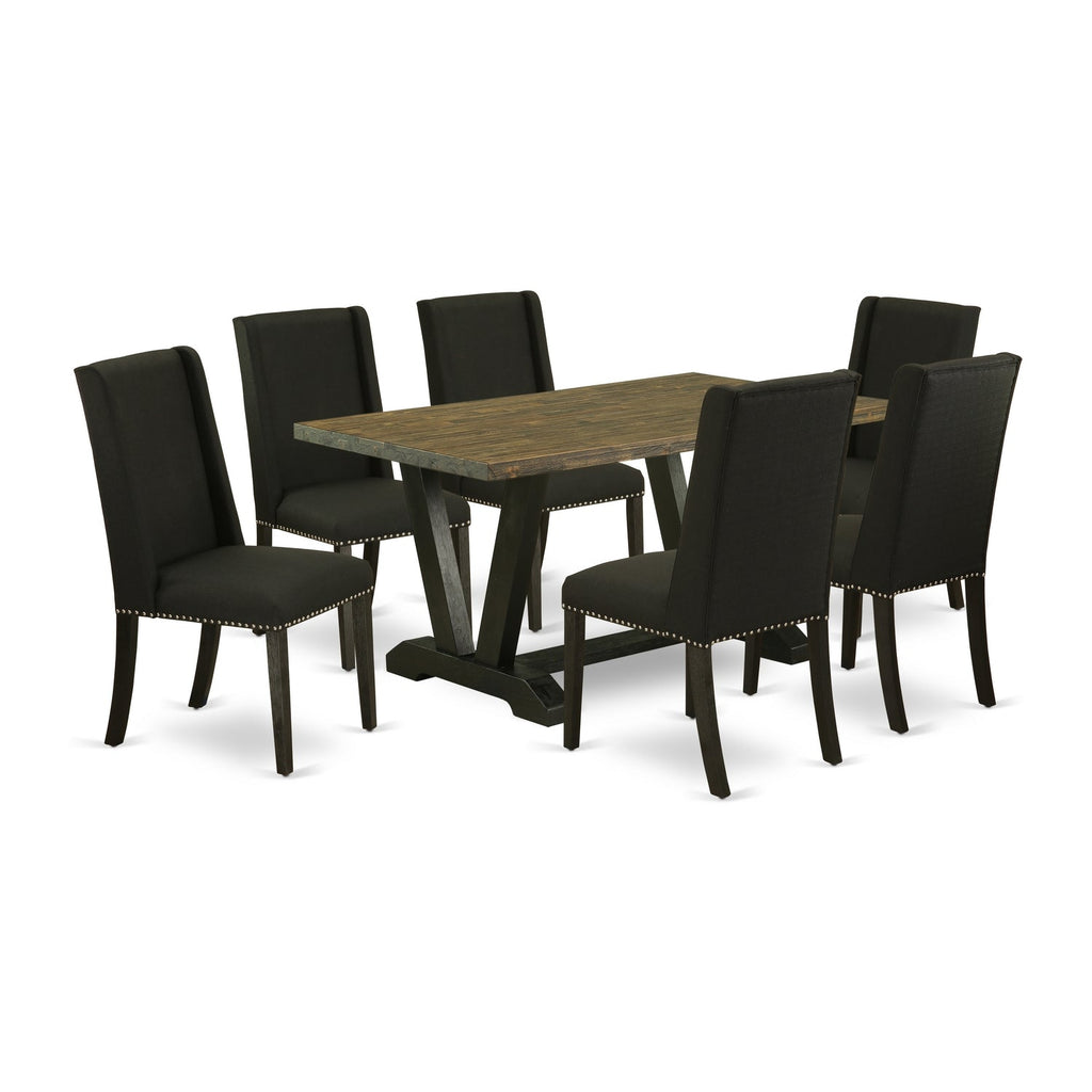 East West Furniture V676FL624-7 7 Piece Kitchen Table Set Consist of a Rectangle Dining Table with V-Legs and 6 Black Linen Fabric Parson Dining Room Chairs, 36x60 Inch, Multi-Color
