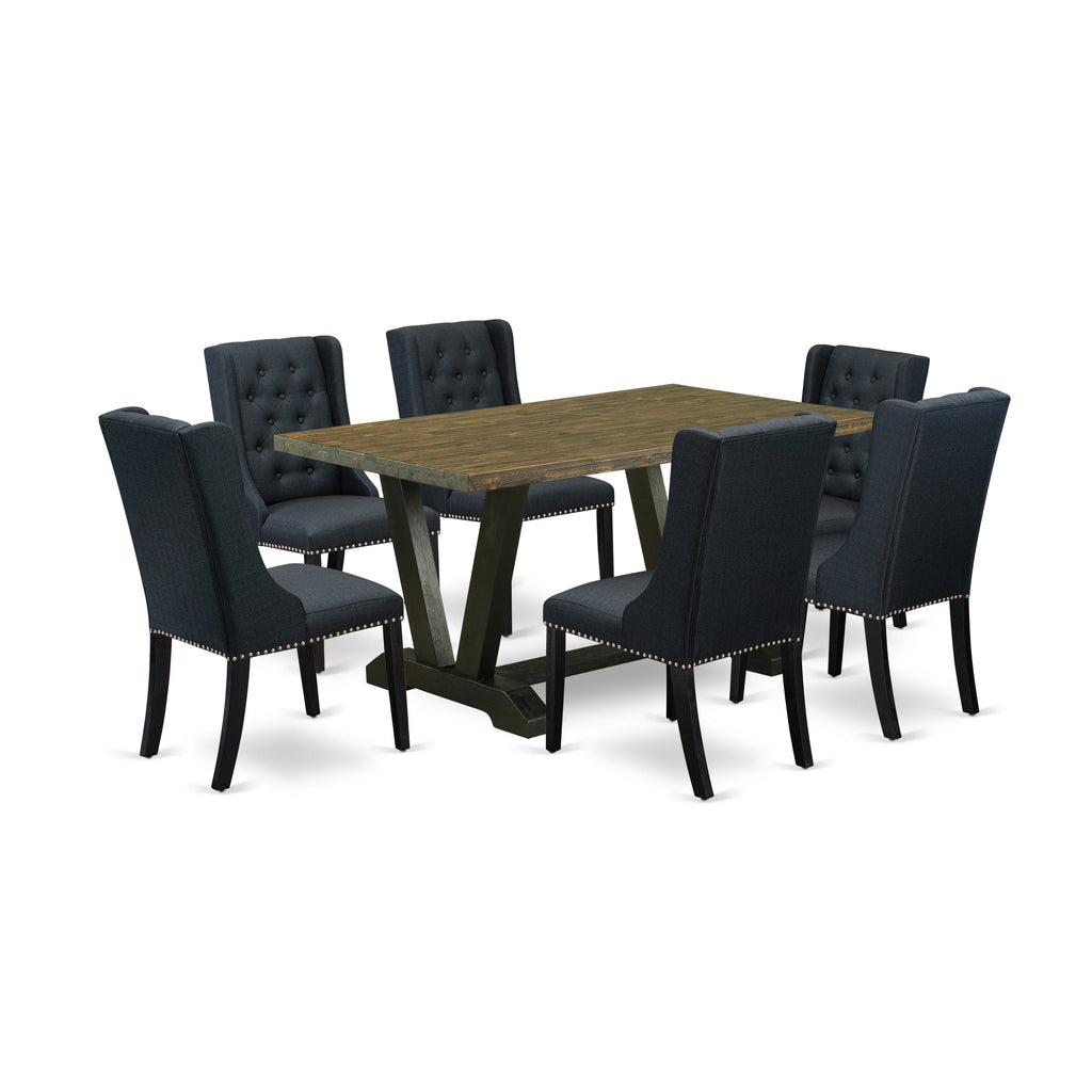 East West Furniture V676FO624-7 7 Piece Dining Table Set Consist of a Rectangle Dining Room Table with V-Legs and 6 Black Linen Fabric Upholstered Parson Chairs, 36x60 Inch, Multi-Color