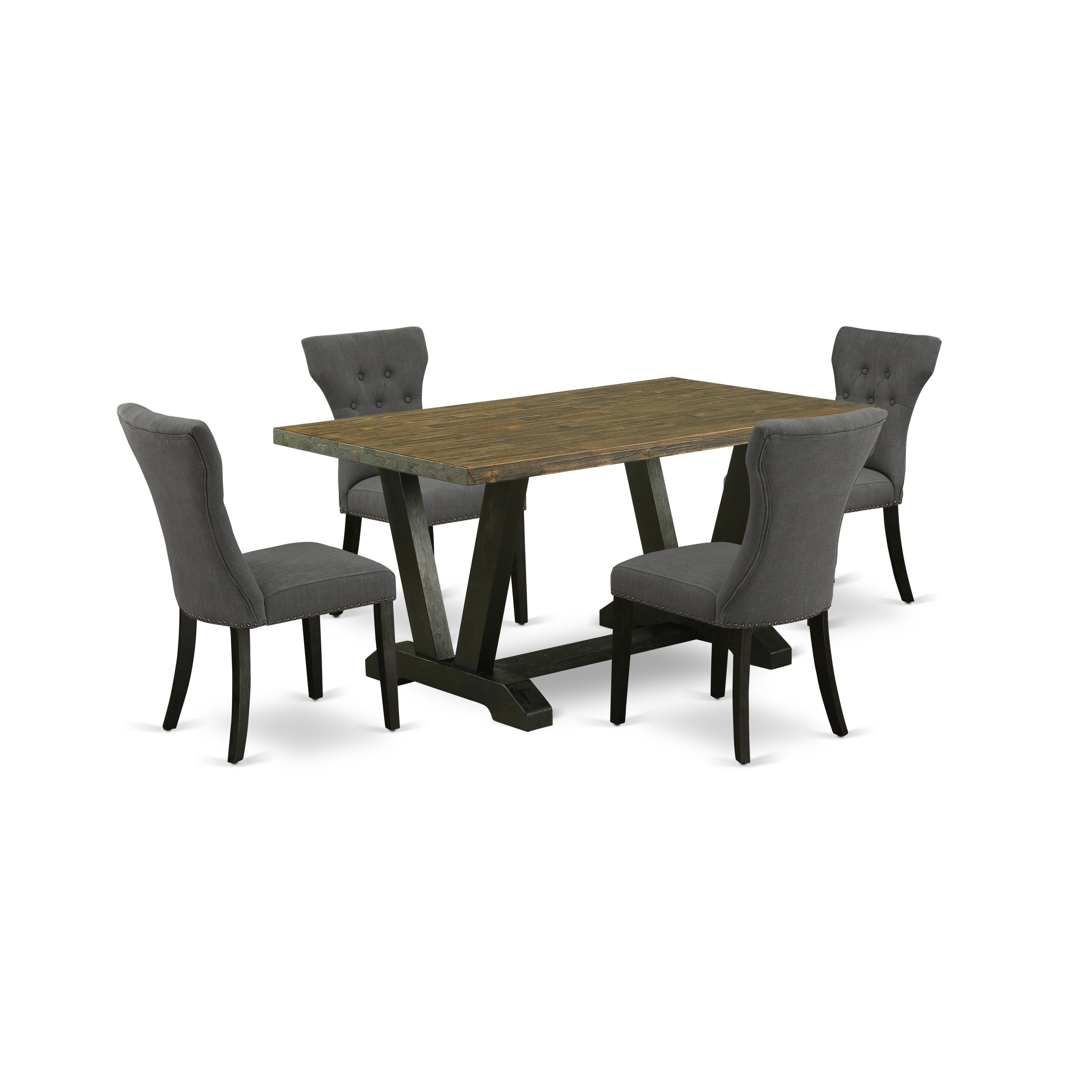 East West Furniture V676GA650-5 5-Piece Kitchen Dinette SetIncluded 4 dining room chairs Upholstered Seat and High Button Tufted Chair Back and Rectangular Dinette Table with Distressed Jacobean Dining Table top (Black Finish)