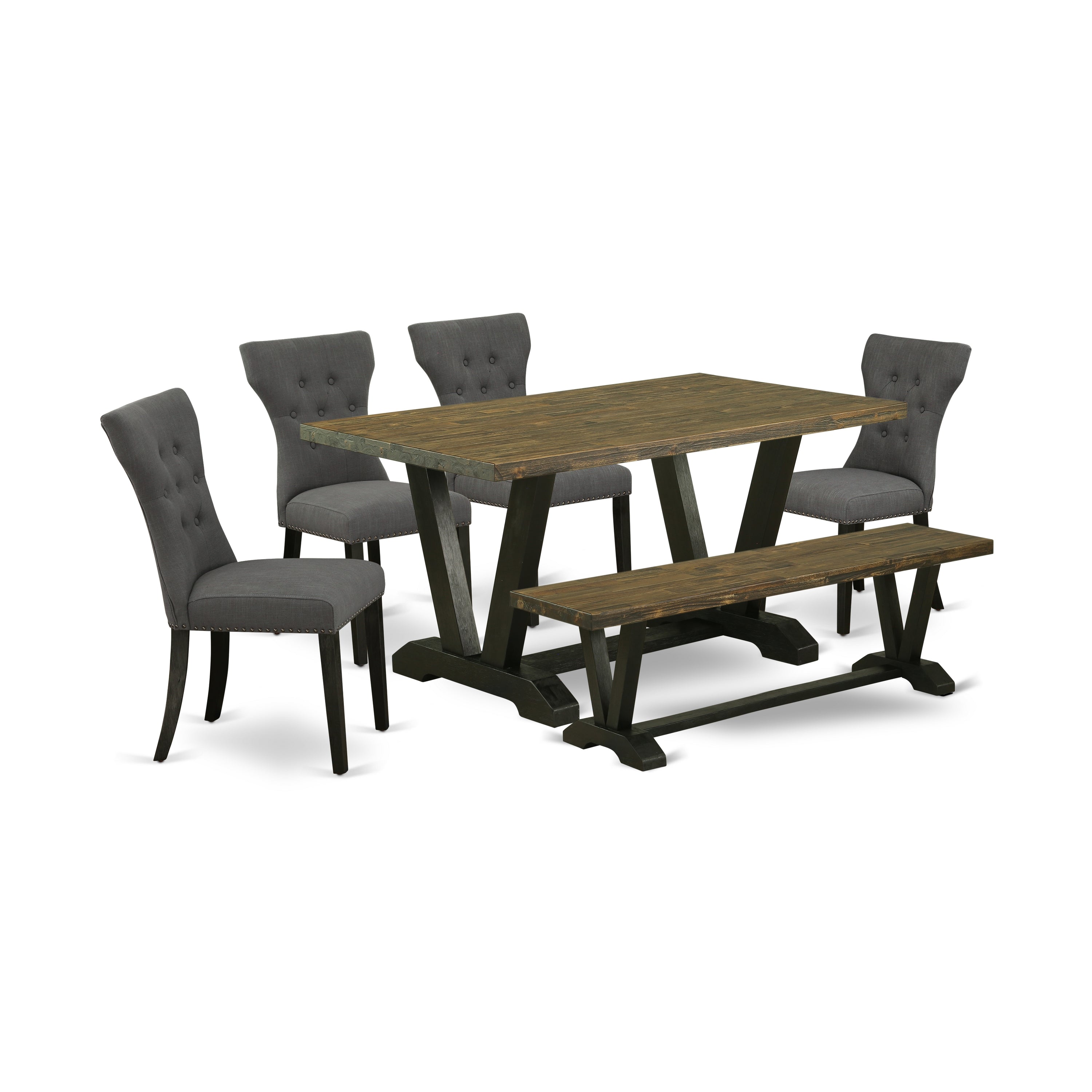 Juego de comedor de 6 piezas East West Furniture V676GA650-6. Contiene una mesa de comedor rectangular con patas en V y 4 sillas Parson de tela de lino Gotham oscuro con un banco.