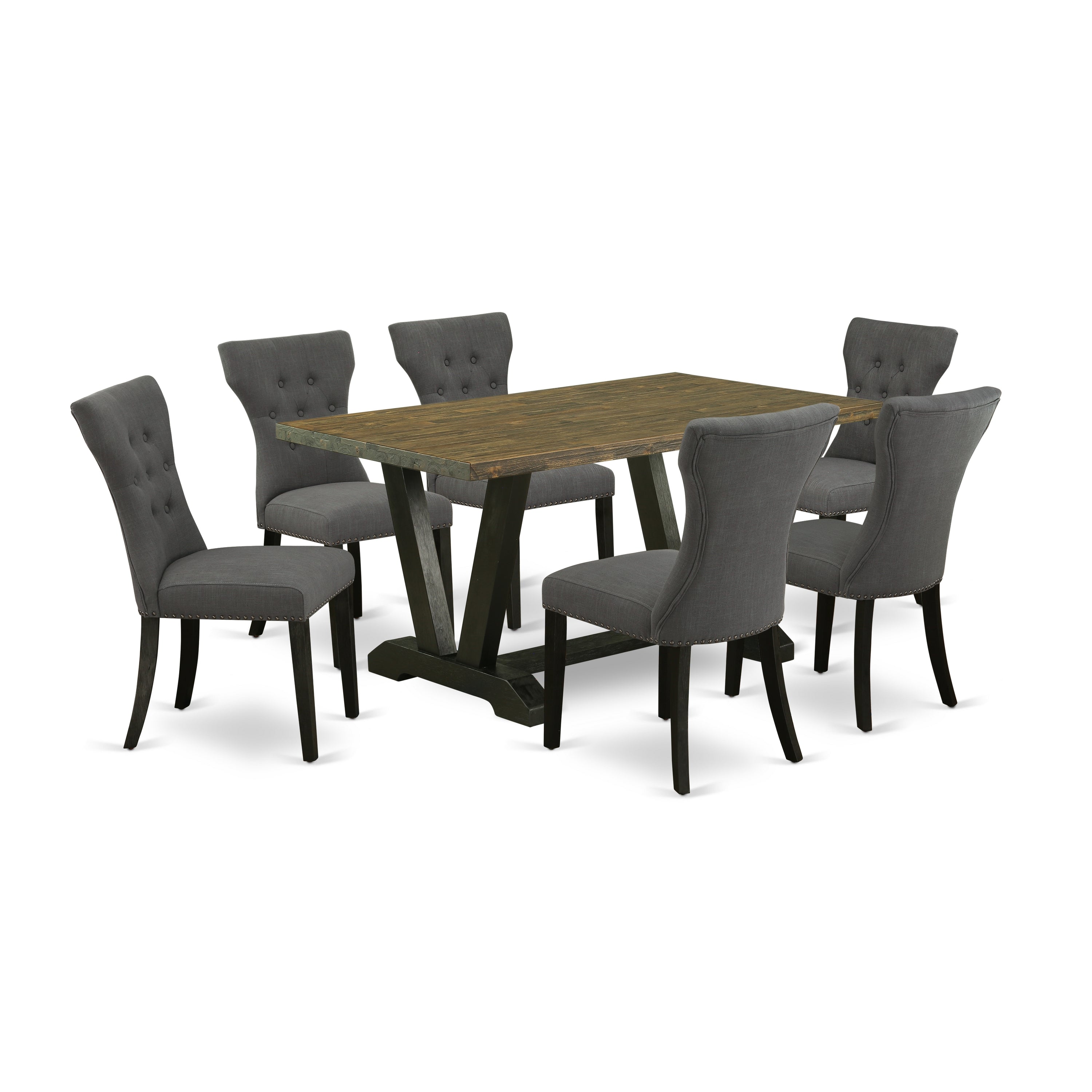 Juego de mesa de comedor East West Furniture V676GA650-7 de 7 piezas. Incluye una mesa de cocina rectangular con patas en V y 6 sillas de comedor Parson de tela de lino Gotham oscuro.