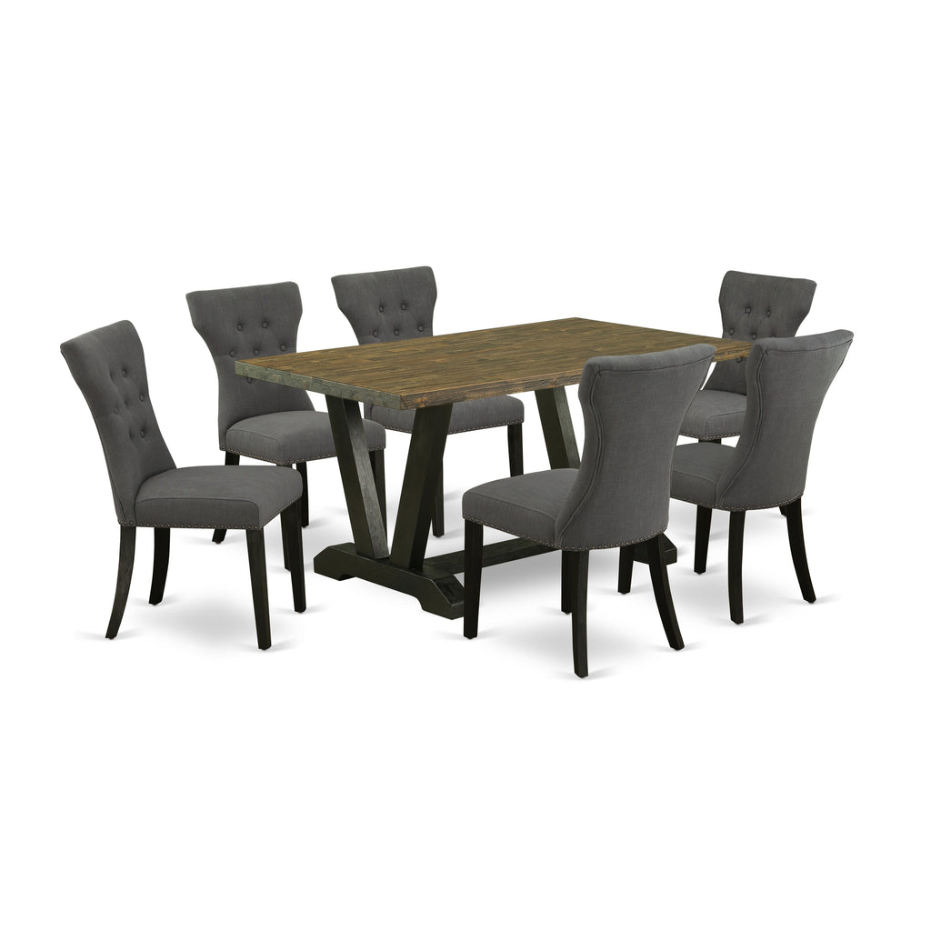 East West Furniture V676GA650-7 7 Piece Dining Room Table Set Consist of a Rectangle Kitchen Table with V-Legs and 6 Dark Gotham Linen Fabric Parson Dining Chairs, 36x60 Inch, Multi-Color