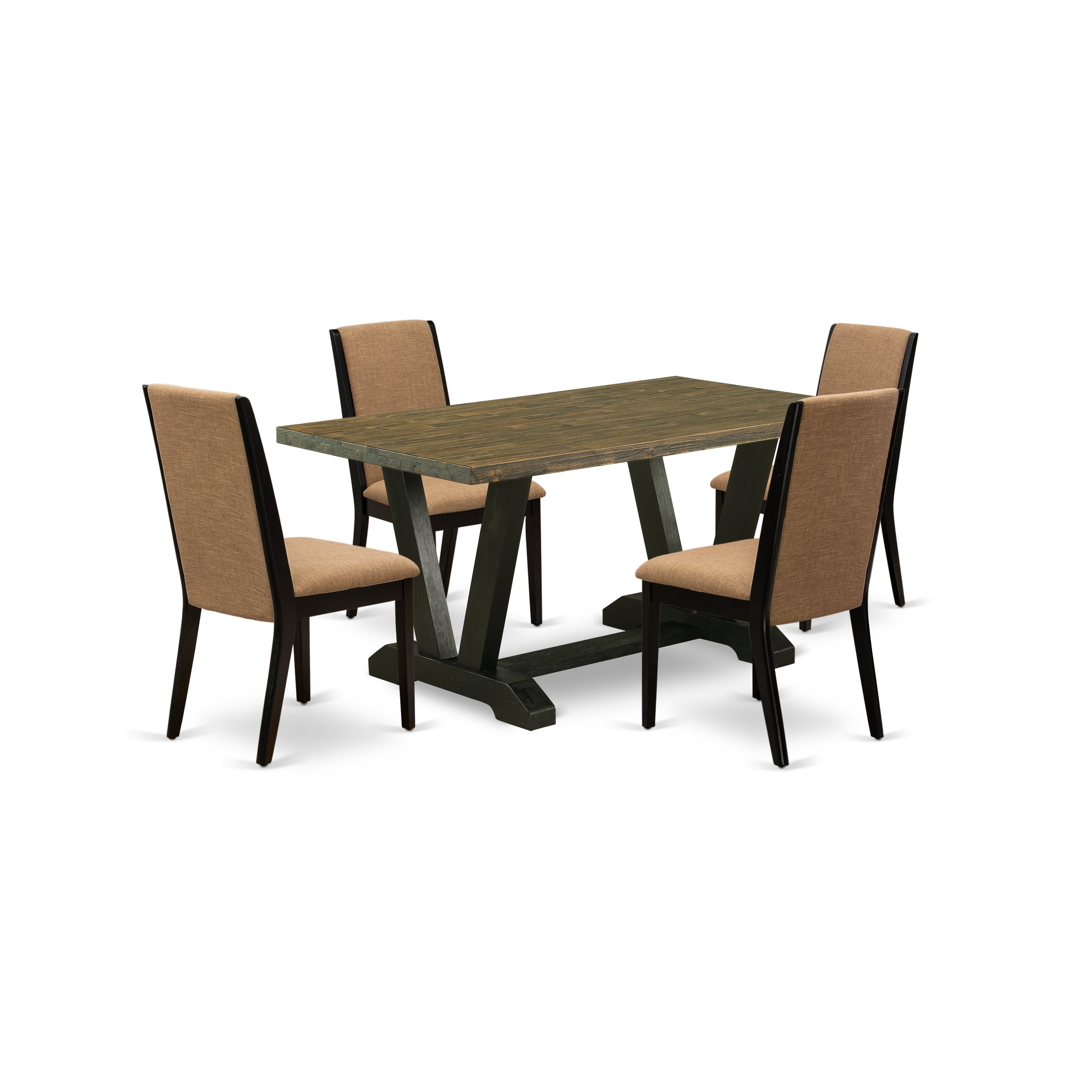 Juego de comedor de 5 piezas East West Furniture V676LA147-5. Incluye una mesa de comedor rectangular con patas en V y 4 sillas Parson tapizadas en tela de lino color sable claro.