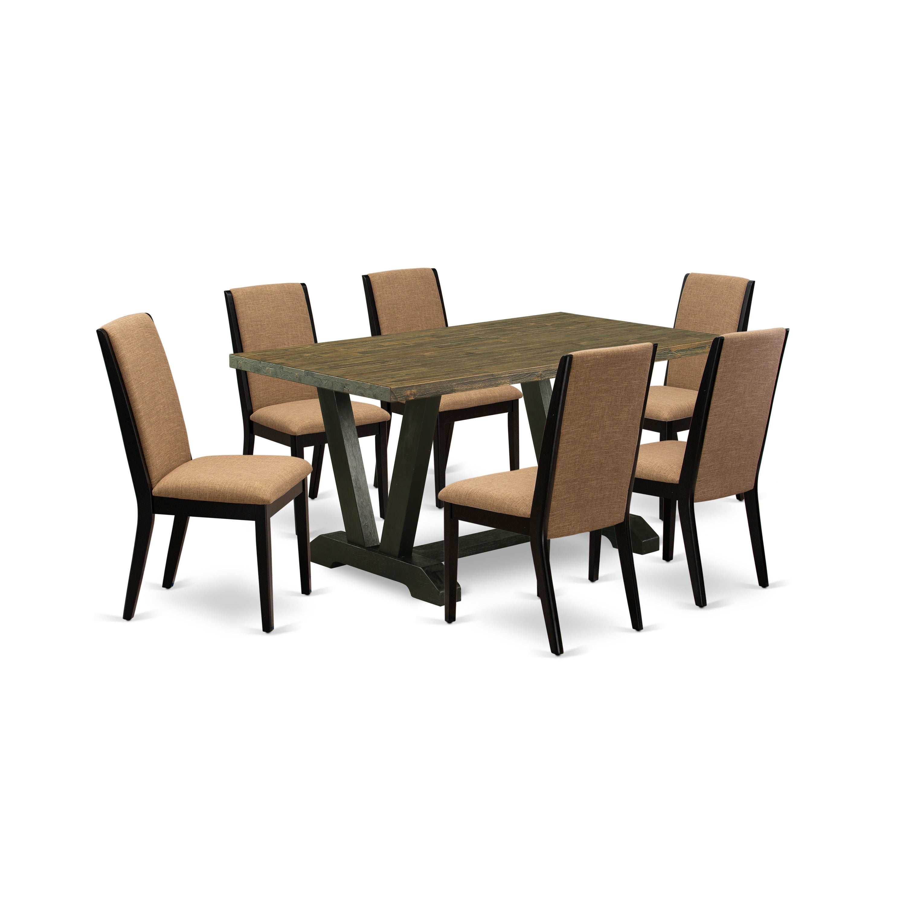 Juego de mesa de comedor de 7 piezas East West Furniture V676LA147-7 compuesto por una mesa de comedor rectangular con patas en V y 6 sillas tapizadas en tela de lino color sable claro.