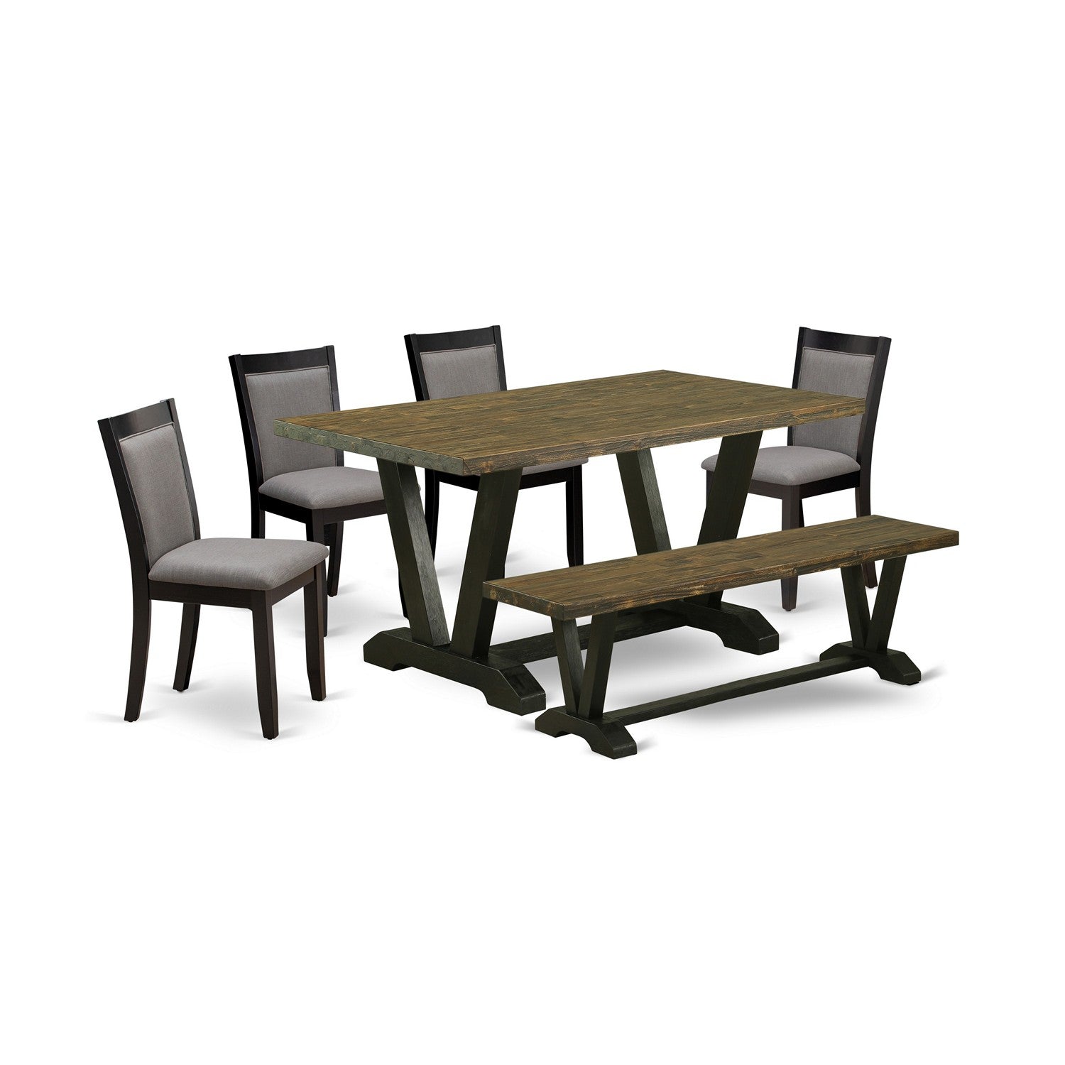 EAST WEST FURNITURE - V676MZ150-6 - 6-Pc Dining Room Table Set - 4 Dining Chairs, a Dining Bench and 1 Kitchen Table (Wire Brushed Black Finish)