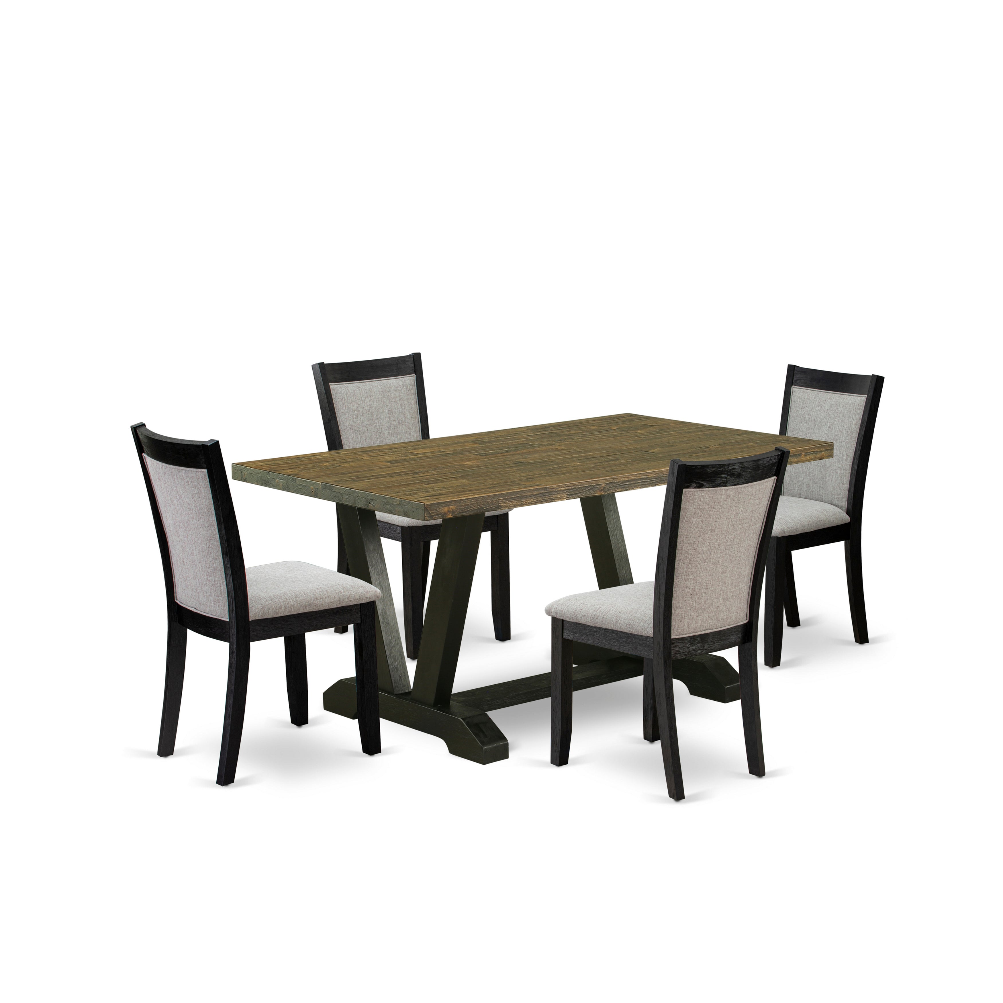 East West Furniture V676MZ606-5 5 Piece Kitchen Table Set - Distressed Jacobean Top Dining Room Table with Trestle Base and 4 Shitake Linen Fabric Wood Dining Chairs - Wire Brushed Black Finish