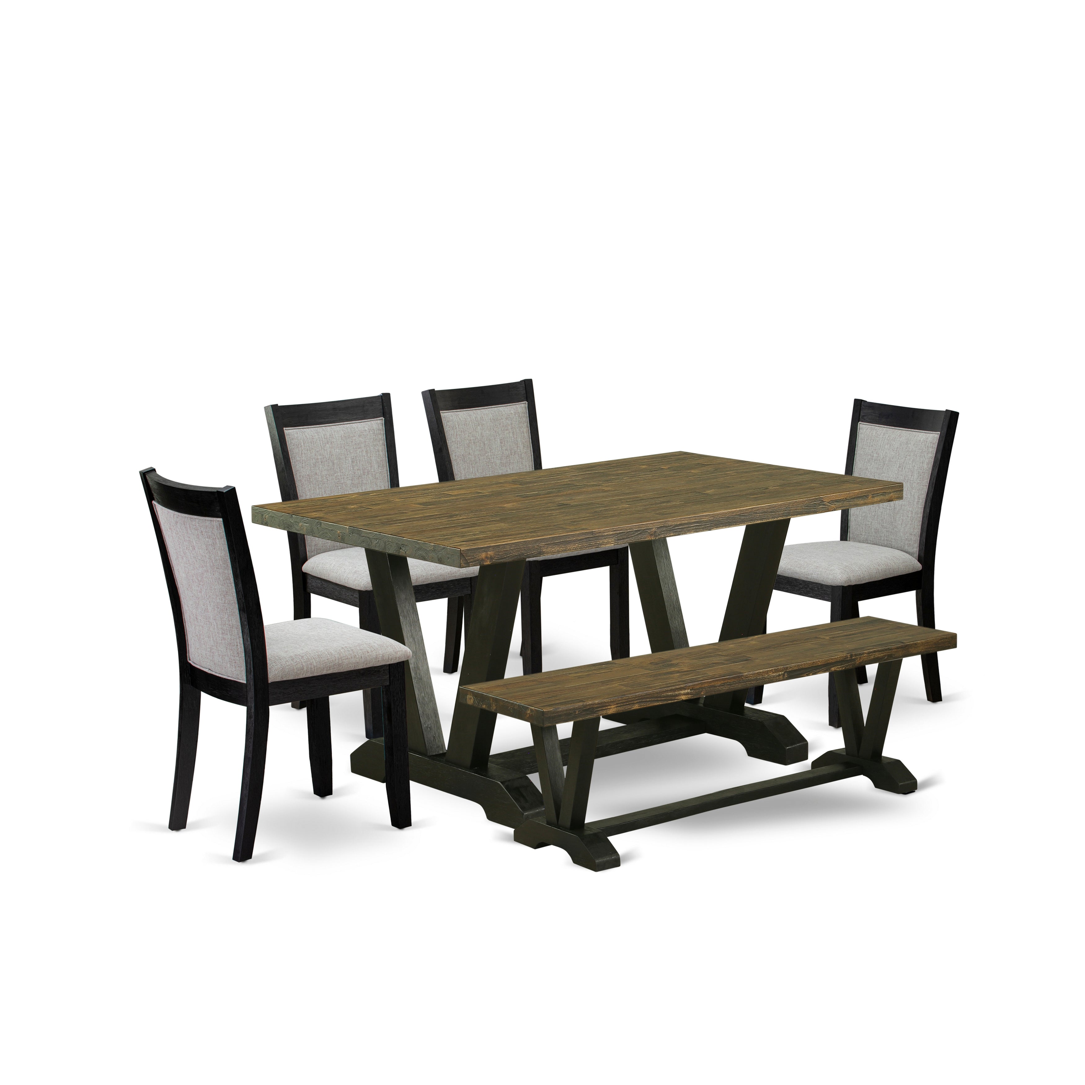 East West Furniture V676MZ606-6 6 Pc Dining Table Set - A Distressed Jacobean Top Dinner Table with a Bench and 4 Shitake Linen Fabric Upholstered Chairs - Wire Brushed Black Finish