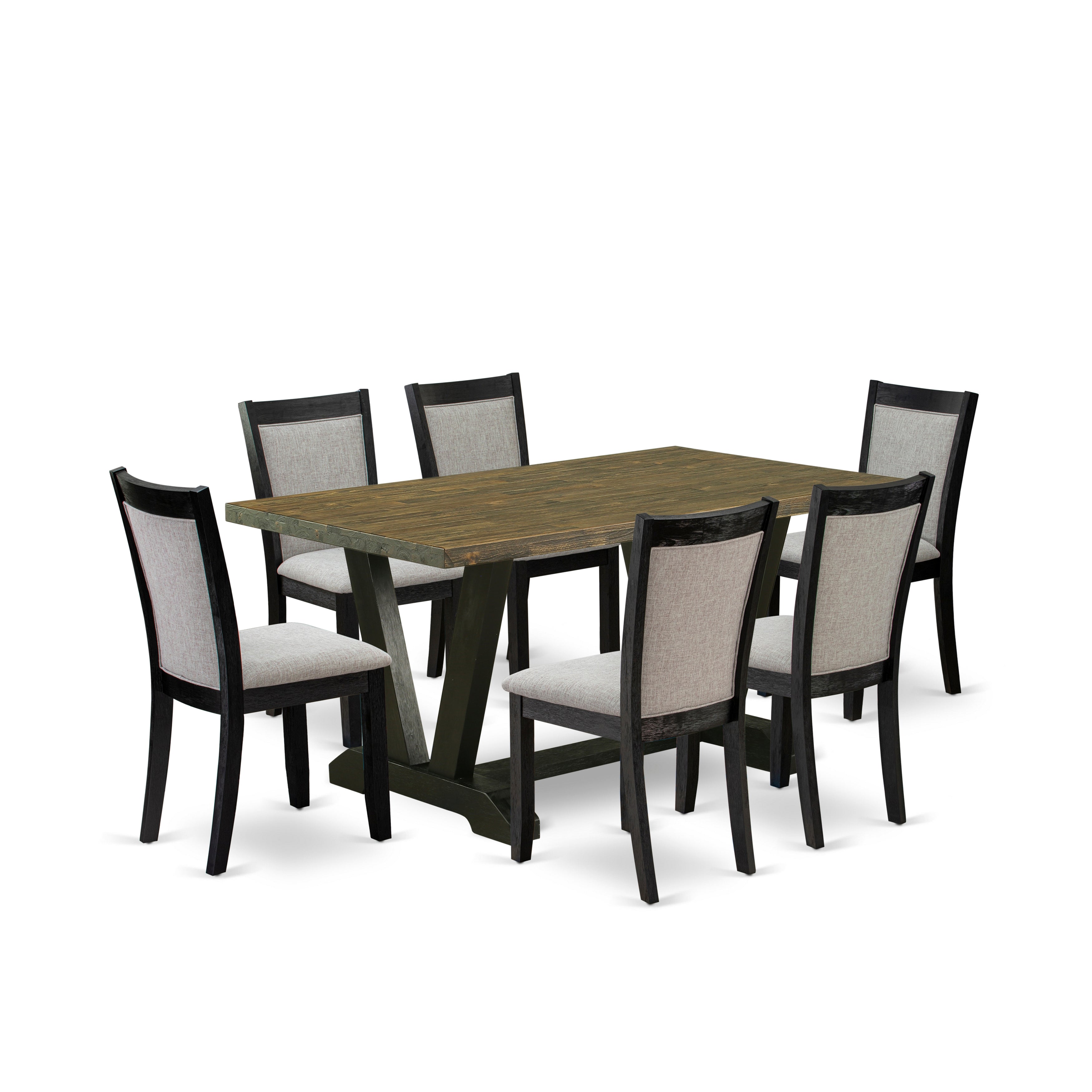 East West Furniture V676MZ606-7 7 Piece Dinette Set - A Distressed Jacobean Top Wood Table with Trestle Base and 6 Shitake Linen Fabric Kitchen Chairs - Wire Brushed Black Finish