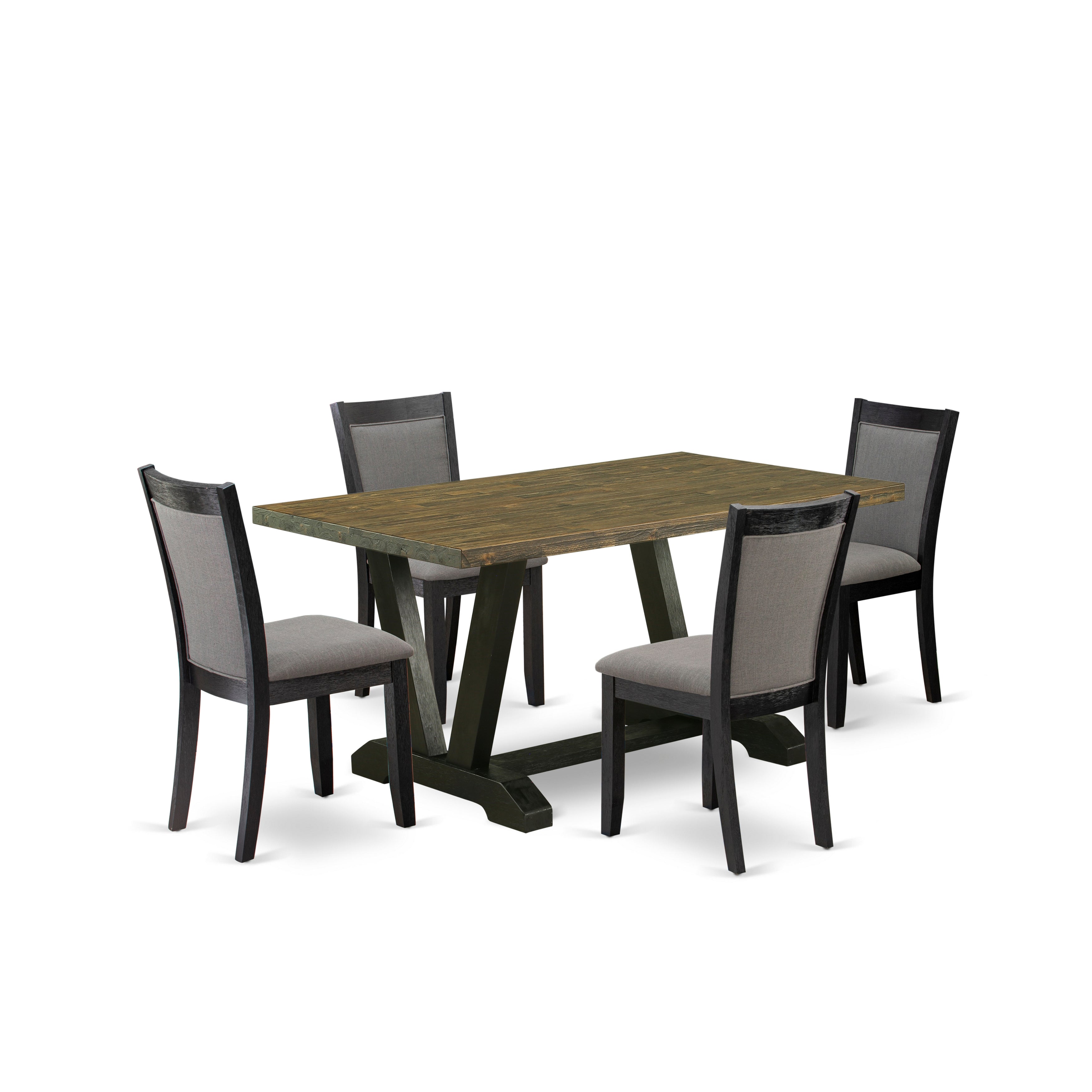 East West Furniture V676MZ650-5 5 Piece Dining Set - Distressed Jacobean Top Modern Dining Table with Trestle Base and 4 Dark Gotham Grey Linen Fabric Wooden Dining Chairs - Wire Brushed Black Finish