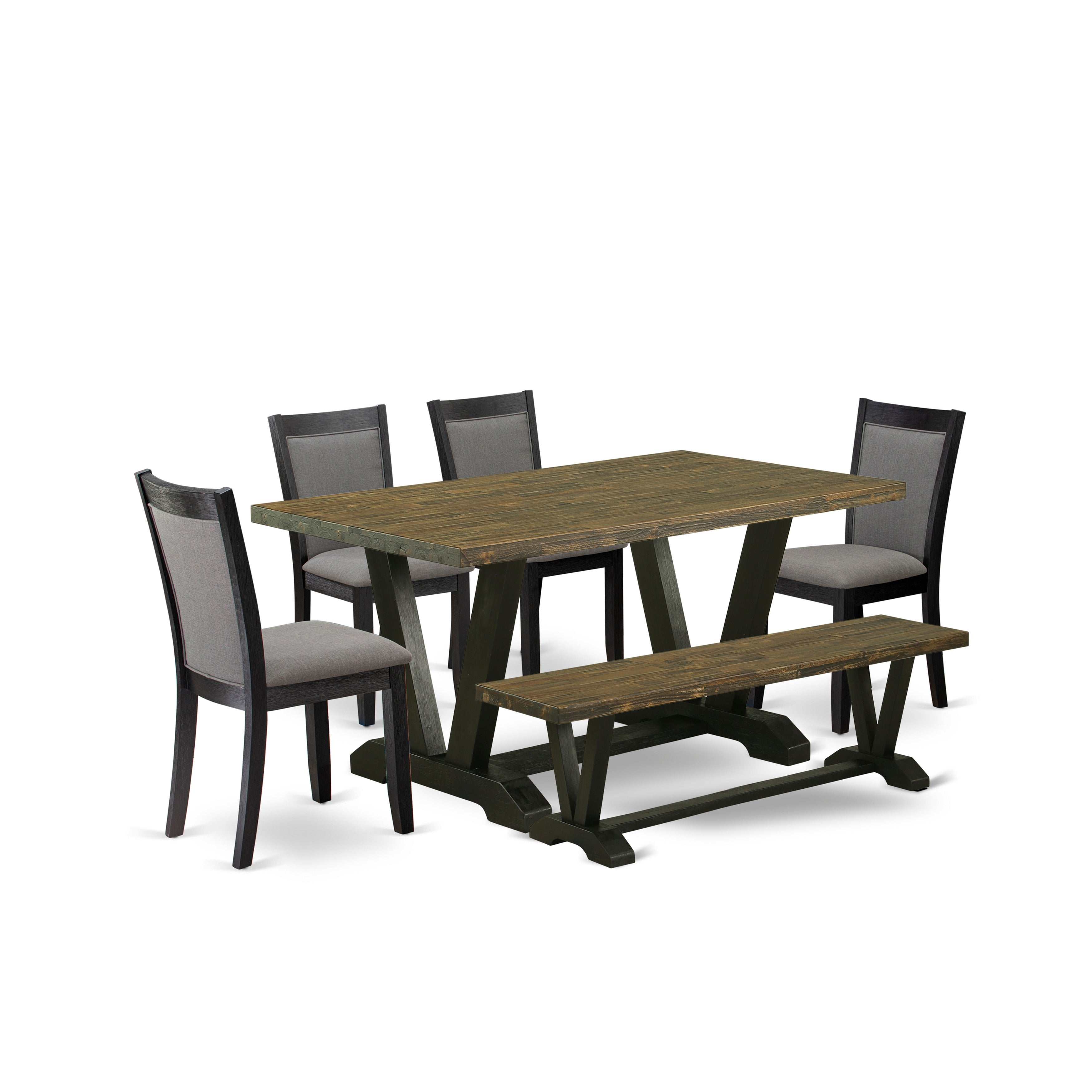 East West Furniture V676MZ650-6 6 Pc Dining Room Table Set - A Distressed Jacobean Top Wood Table with Mid Century Bench and 4 Dark Gotham Grey Linen Fabric Parson Chairs - Wire Brushed Black Finish