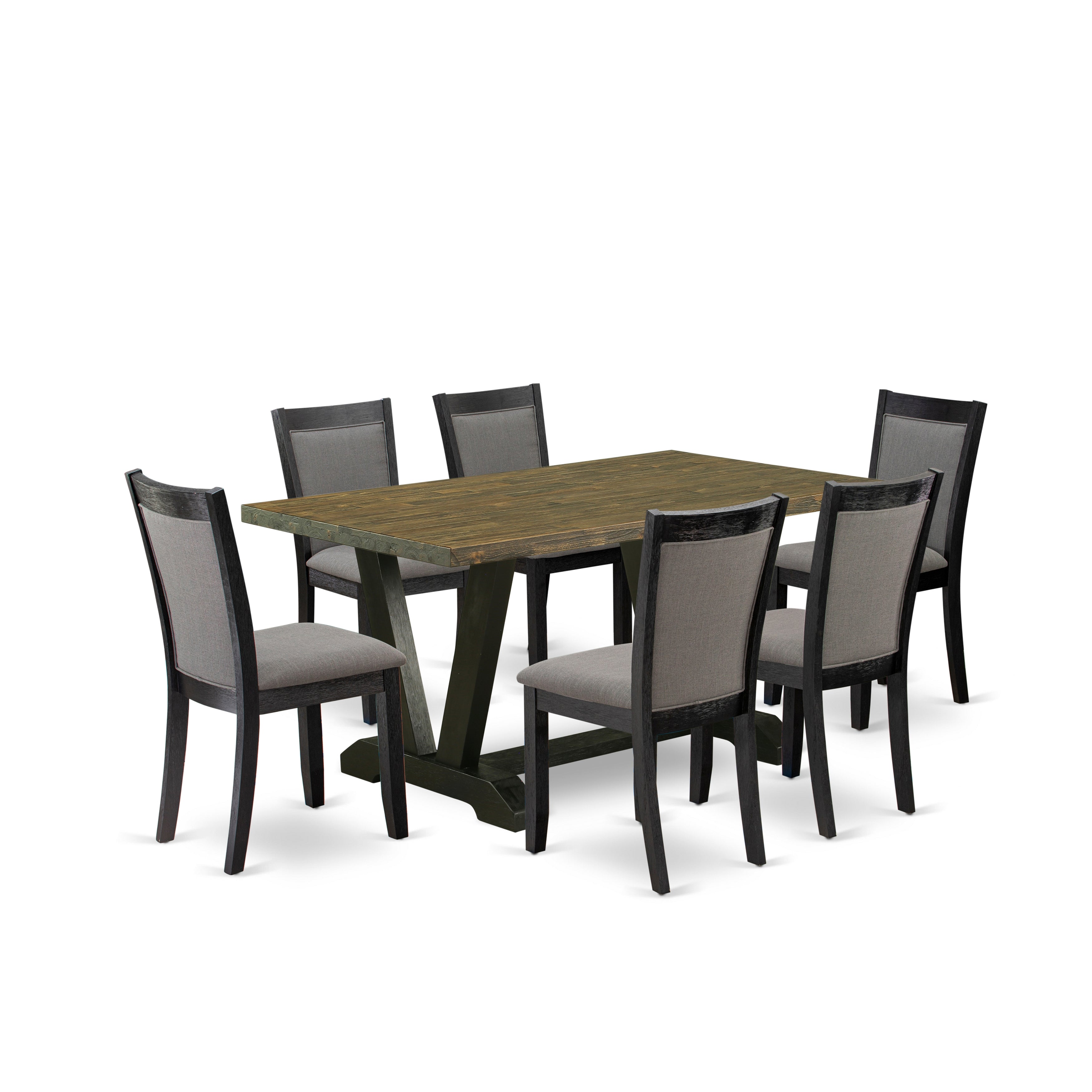 East West Furniture V676MZ650-7 7 Piece Dinette Set - Distressed Jacobean Top Modern Dining Table with Trestle Base and 6 Dark Gotham Grey Linen Fabric Dining Room Chairs - Wire Brushed Black Finish