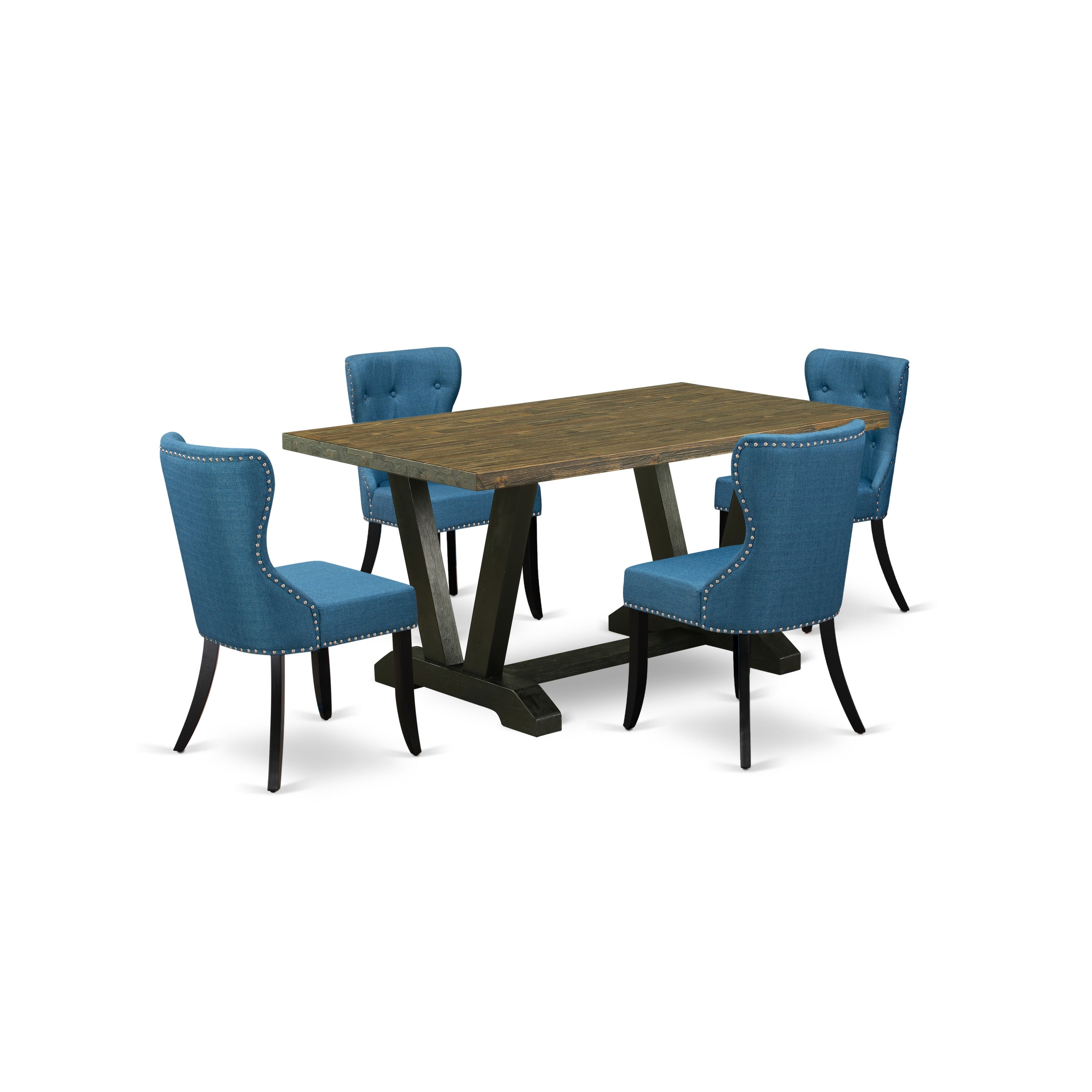 East West Furniture V676SI121-5 5-Pc Dining Room Set- 4 dining room chairs with Blue Linen Fabric Seat and Button Tufted Chair Back - Rectangular Dining Table (Distressed Jacobean Finish)
