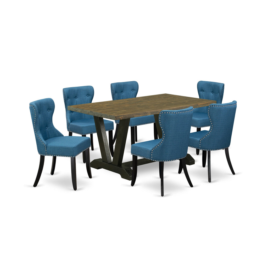 East West Furniture V676SI121-7 7 Piece Modern Dining Table Set Consist of a Rectangle Wooden Table with V-Legs and 6 Blue Linen Fabric Upholstered Chairs, 36x60 Inch, Multi-Color