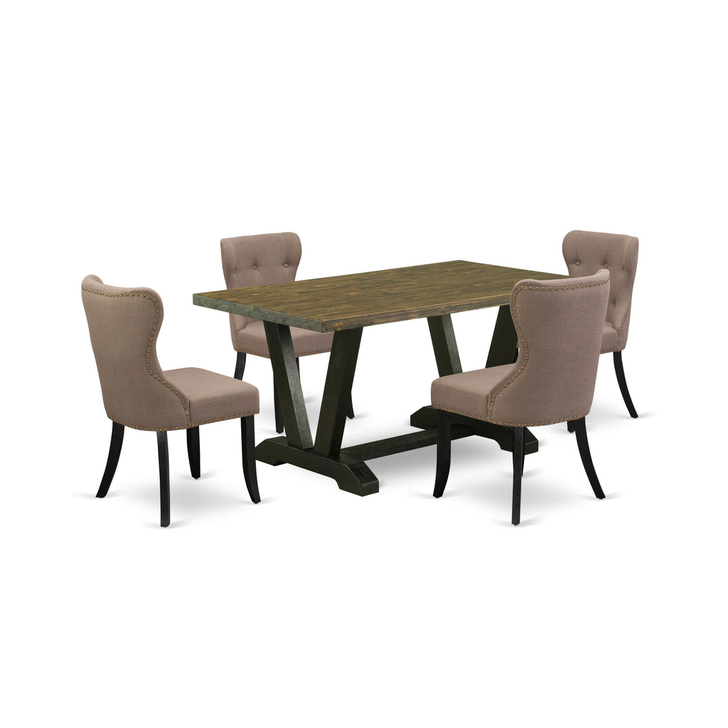 East West Furniture V676SI648-5 5 Piece Modern Dining Table Set Includes a Rectangle Wooden Table with V-Legs and 4 Coffee Linen Fabric Parson Dining Chairs, 36x60 Inch, Multi-Color