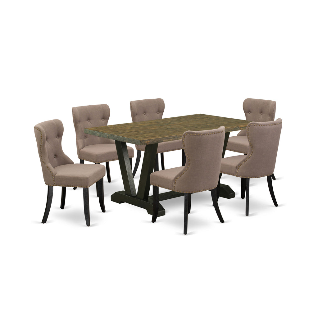 Juego de comedor East West Furniture V676SI648-7 de 7 piezas compuesto por una mesa de comedor rectangular con patas en V y 6 sillas tapizadas en tela de lino color café.