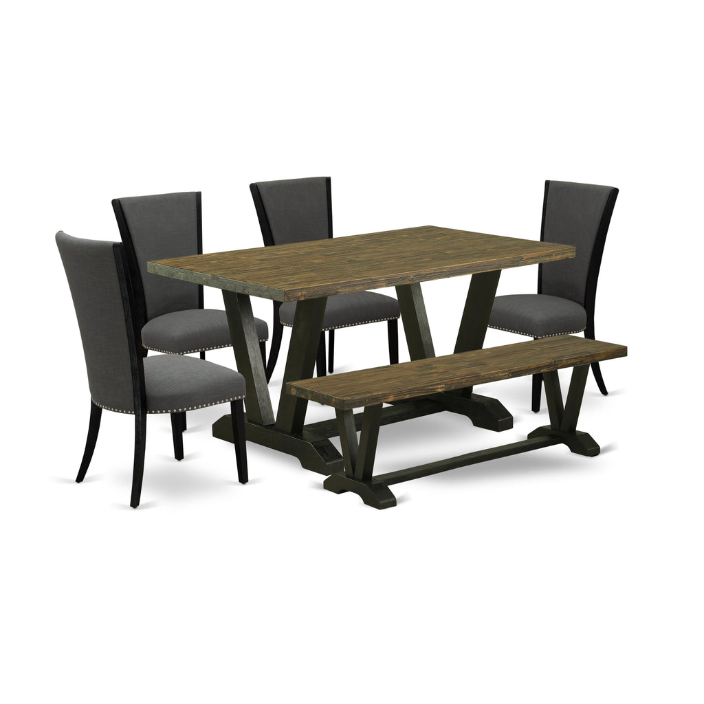 Juego de mesa de cocina de 6 piezas East West Furniture V676VE650-6 que incluye una mesa de comedor rectangular con patas en V y 4 sillas Parson de tela de lino Gotham oscuro con un banco