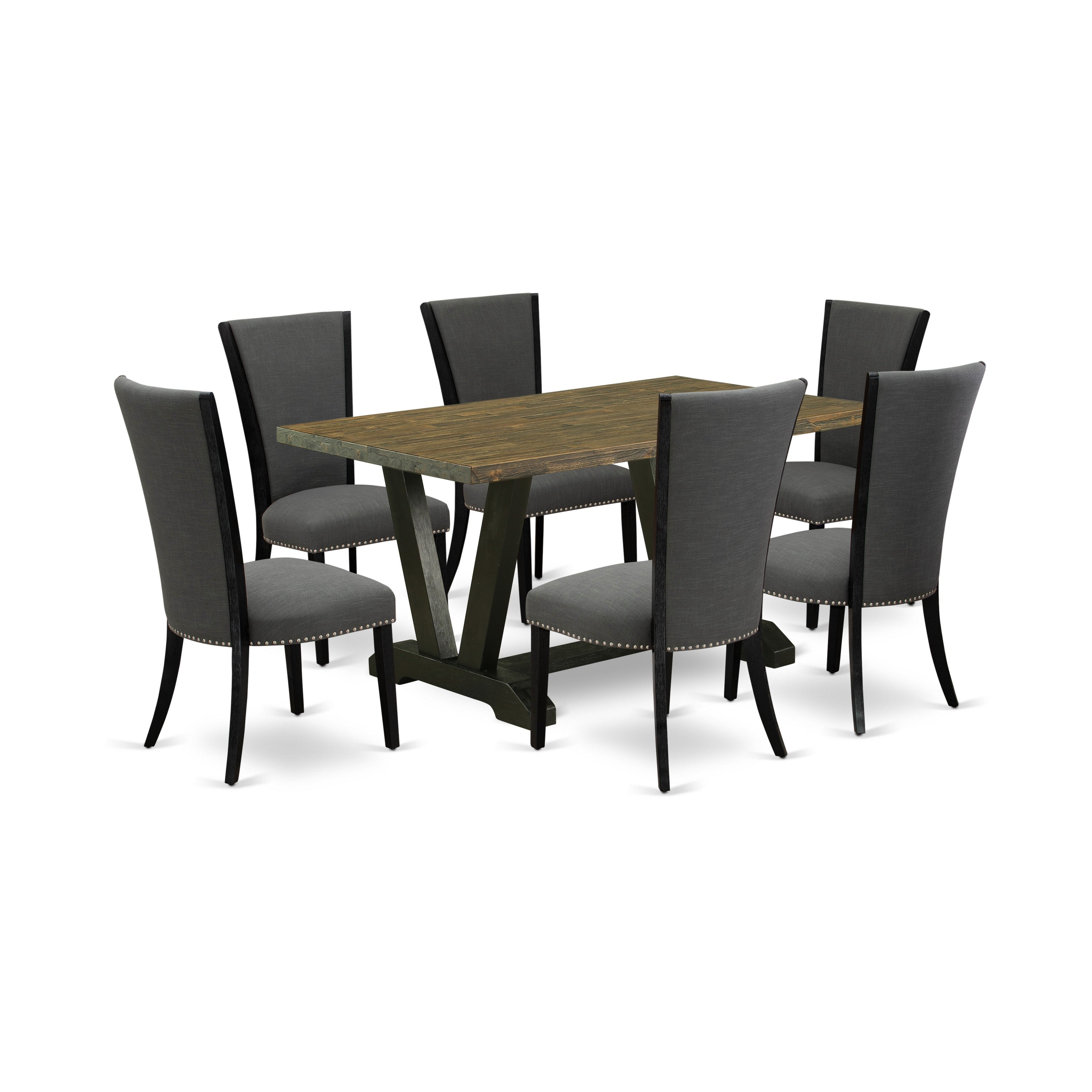 East West Furniture V676VE650-7 7 Piece Dining Set Contains a Distressed Jacobean Wooden Dining Table and 6 Dark Gotham Grey Linen Fabric Dining Chairs with High Back - Wire Brushed Black Finish