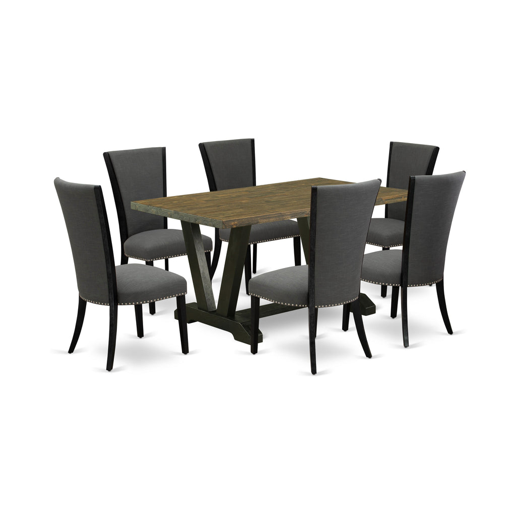 V676VE650-7 7Pc Dining Set - 36x60" Rectangular Table and 6 Parson Chairs - Wirebrushed Black & Distressed Jacobean Color