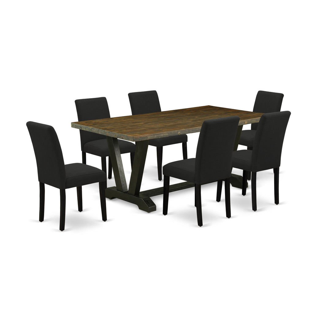 East West Furniture V677AB624-7 7 Piece Dinette Set Consist of a Rectangle Dining Room Table with V-Legs and 6 Black Color Linen Fabric Upholstered Chairs