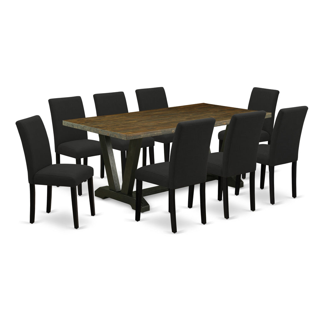 East West Furniture V677AB624-9 9 Piece Dining Set Includes a Rectangle Dining Room Table with V-Legs and 8 Black Color Linen Fabric Upholstered Parson Chairs, 40x72 Inch, Multi-Color