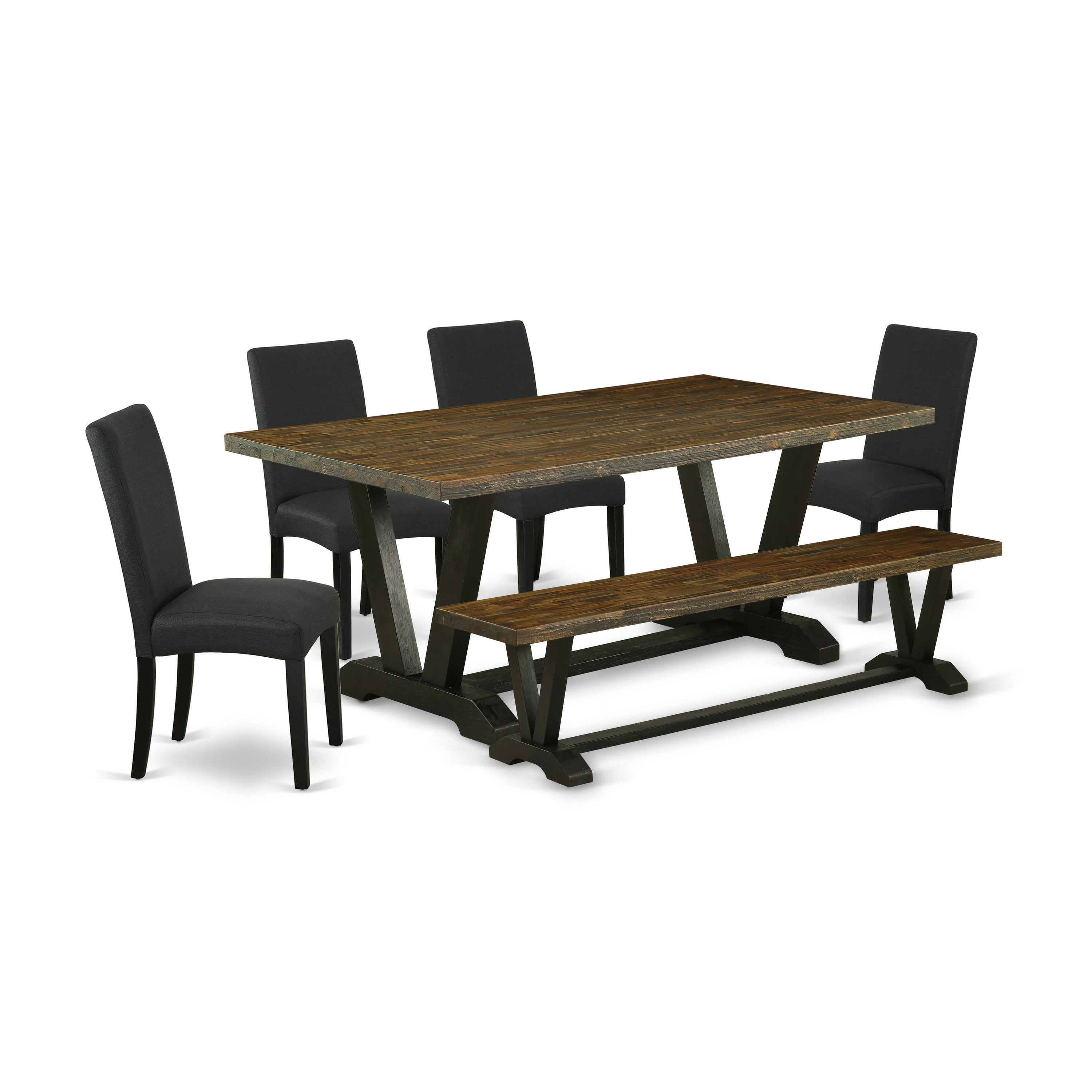 East West Furniture V677DR124-6 6-Piece Dining Table Set- 4 Black Linen Fabric dining room chairs with High Back - A Dining Room Table and 1 Dining Bench (Distressed Jacobean Finish)