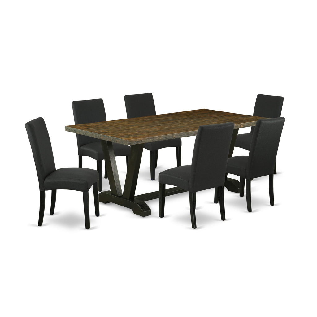 Juego de comedor East West Furniture V677DR124-7 de 7 piezas compuesto por una mesa de comedor rectangular con patas en V y 6 sillas Parson tapizadas en tela de lino de color negro.