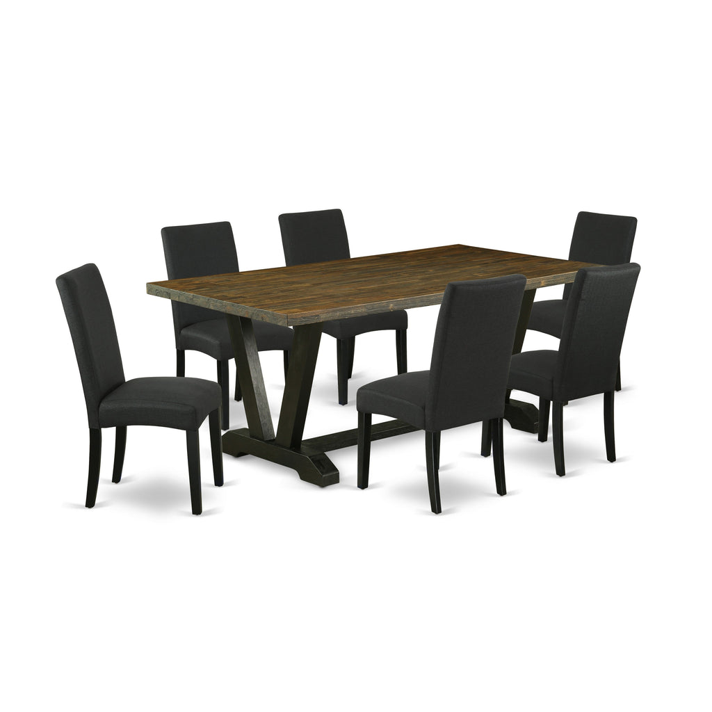 East West Furniture V677DR124-7 7 Piece Dining Set Consist of a Rectangle Dining Room Table with V-Legs and 6 Black Color Linen Fabric Upholstered Parson Chairs, 40x72 Inch, Multi-Color