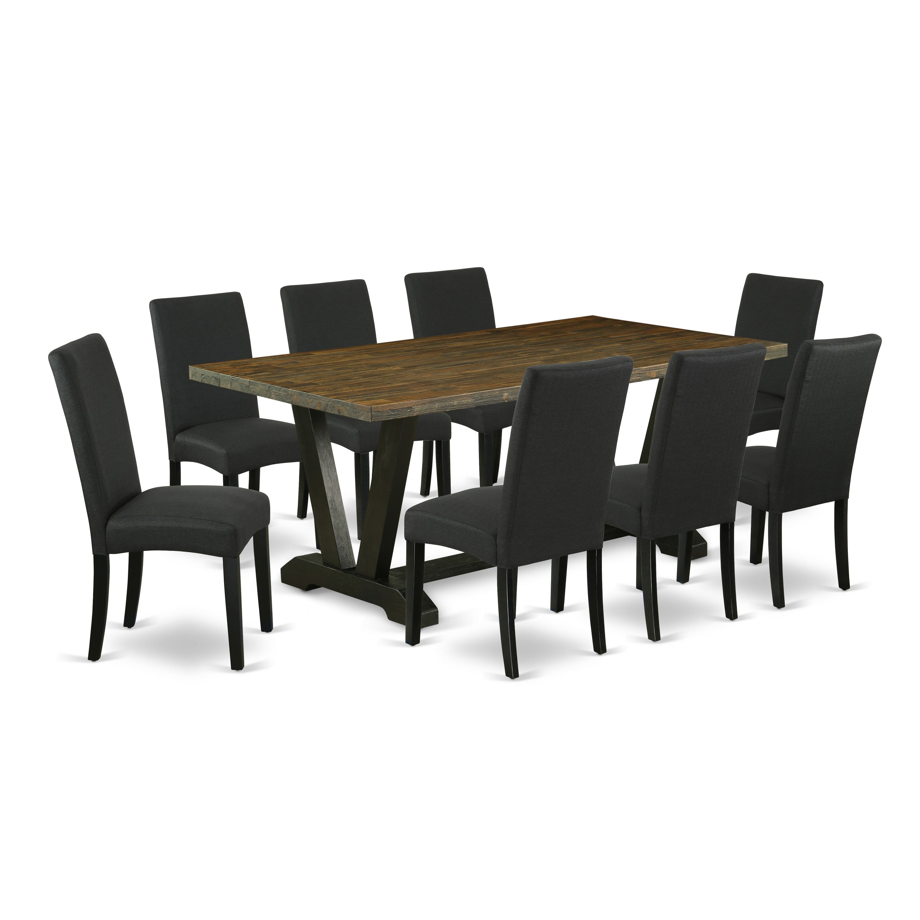 Juego de comedor East West Furniture V677DR124-9 de 9 piezas. Incluye una mesa de comedor rectangular con patas en V y 8 sillas Parson tapizadas en tela de lino de color negro.
