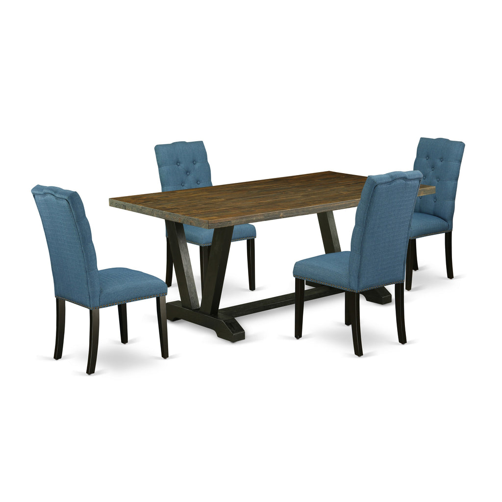 East West Furniture V677EL121-5 5 Piece Modern Dining Table Set Includes a Rectangle Wooden Table with V-Legs and 4 Blue Linen Fabric Parsons Dining Chairs