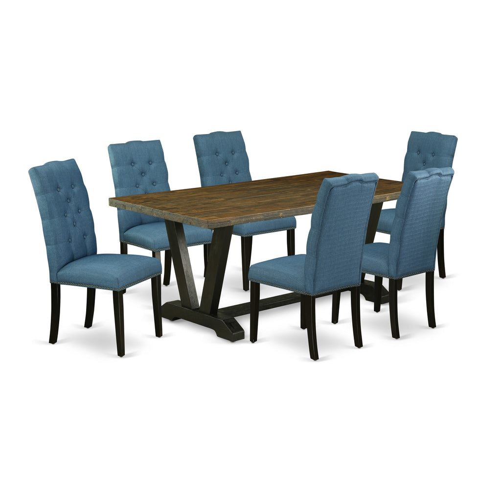 East West Furniture V677EL121-7 7 Piece Modern Dining Table Set Consist of a Rectangle Wooden Table with V-Legs and 6 Blue Linen Fabric Parson Dining Chairs, 40x72 Inch, Multi-Color