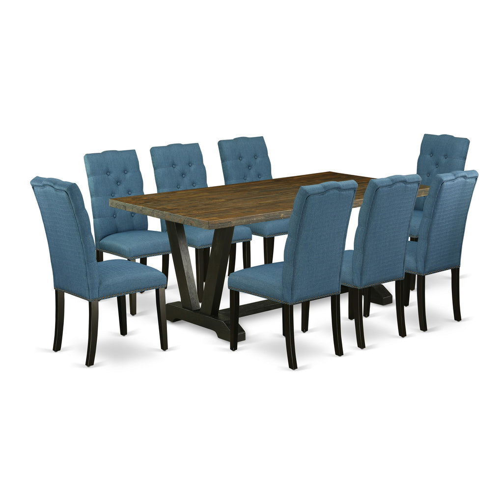 East West Furniture V677EL121-9 9 Piece Dining Set Includes a Rectangle Dining Room Table with V-Legs and 8 Blue Linen Fabric Upholstered Parson Chairs, 40x72 Inch, Multi-Color
