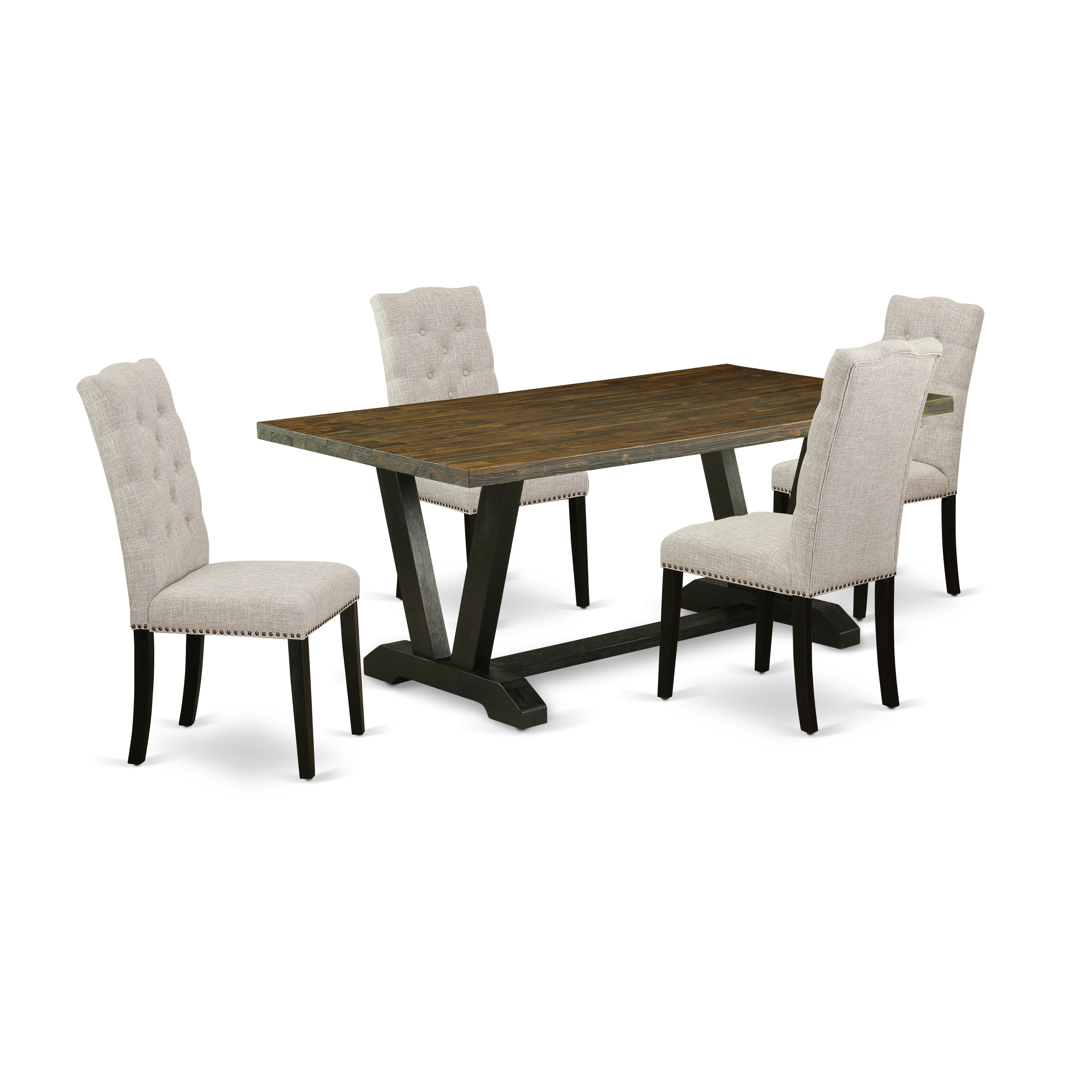 East West Furniture V677EL635-5 5-Piece Dining SetIncluded 4 Kitchen Parson Chair Upholstered Seat and High Button Tufted Chair Back and Rectangular Mid Century Dining Table with Distressed Jacobean Table top (Black Finish)