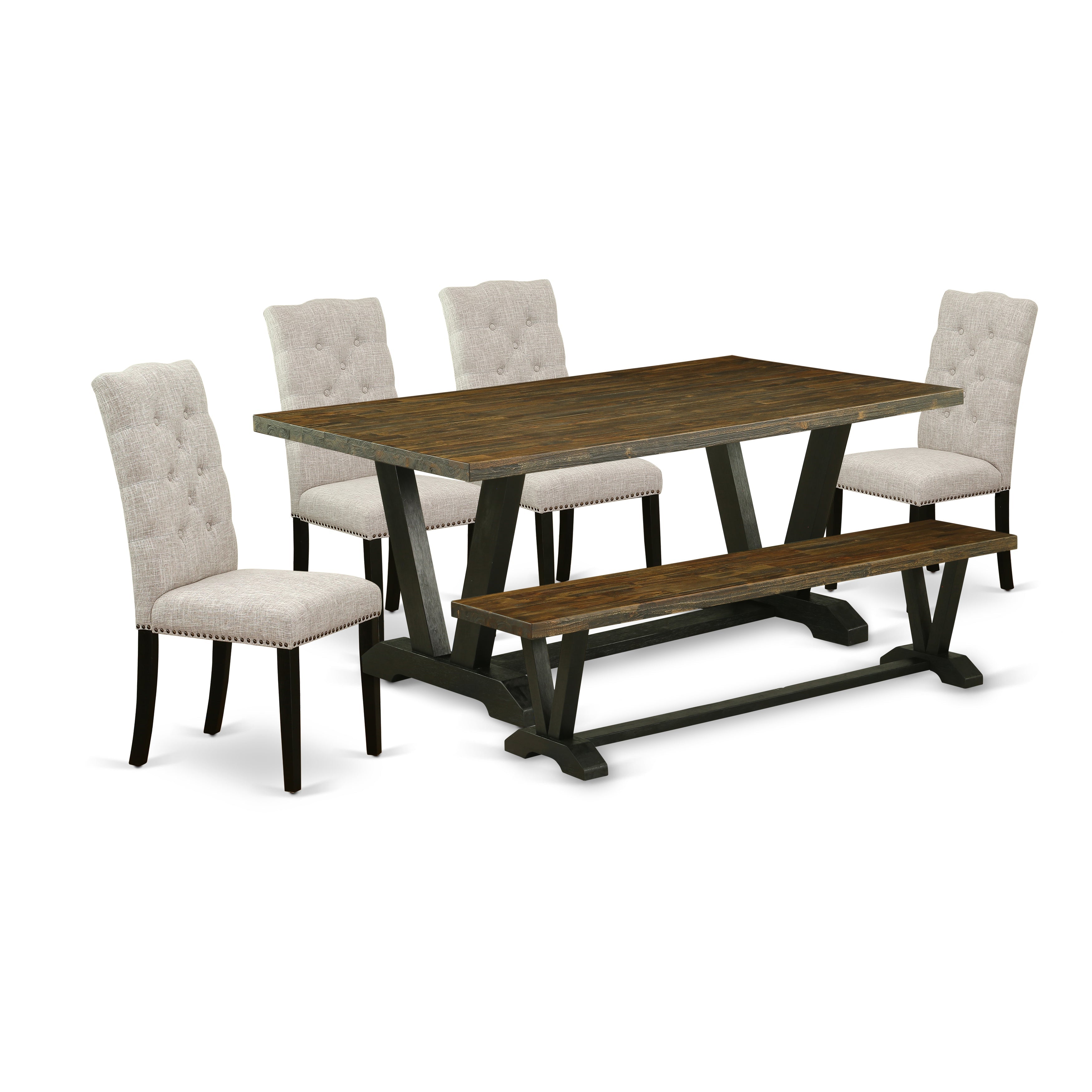 East West Furniture V677EL635-6 6-Pc dining table set-Doeskin Linen Fabric Seat and Button Tufted Chair Back Parson chairs, A Rectangular Bench and Rectangular top dining room table with Wood Legs - Distressed Jacobean and Wire Brushed Black Finish